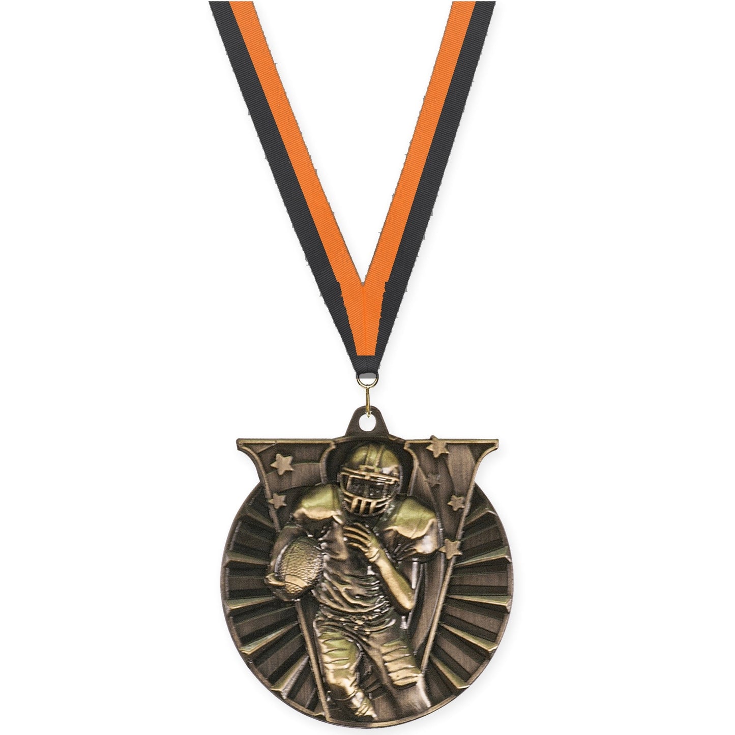 2 inch football Victory medal in bright gold with Black Orange neck ribbon