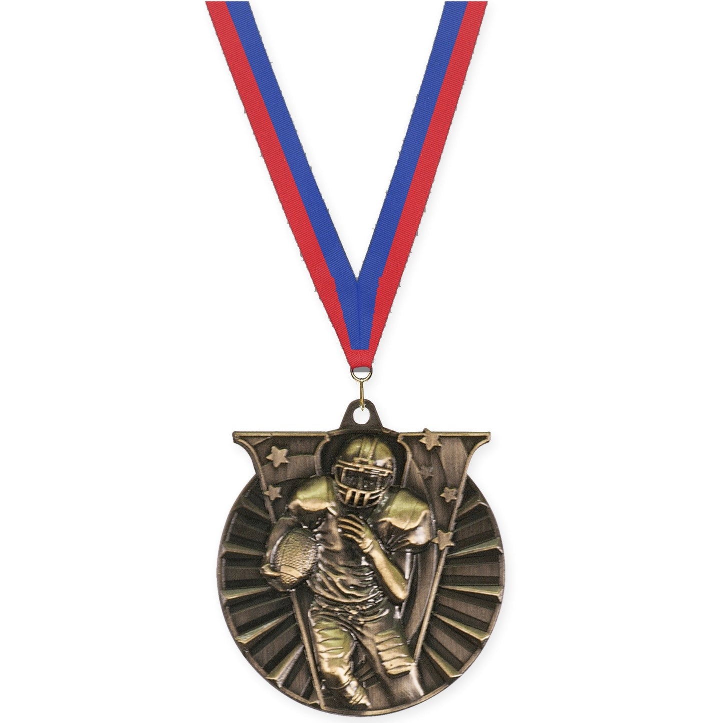 2 inch football Victory medal in bright gold with Blue Red neck ribbon