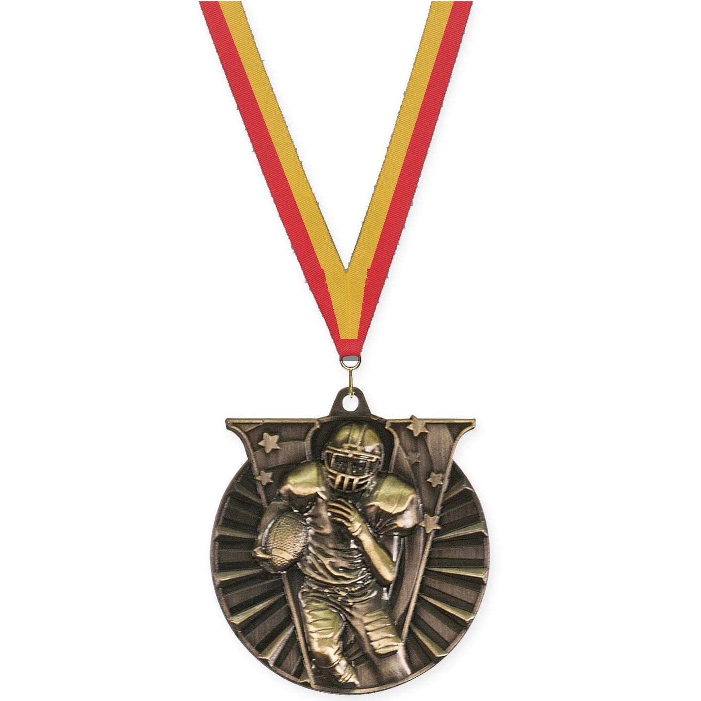 2 inch football Victory medal in bright gold with Red Gold neck ribbon