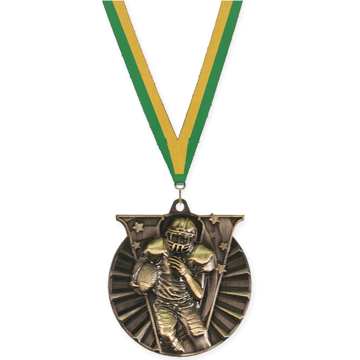 2 inch football Victory medal in bright gold with Green Gold neck ribbon