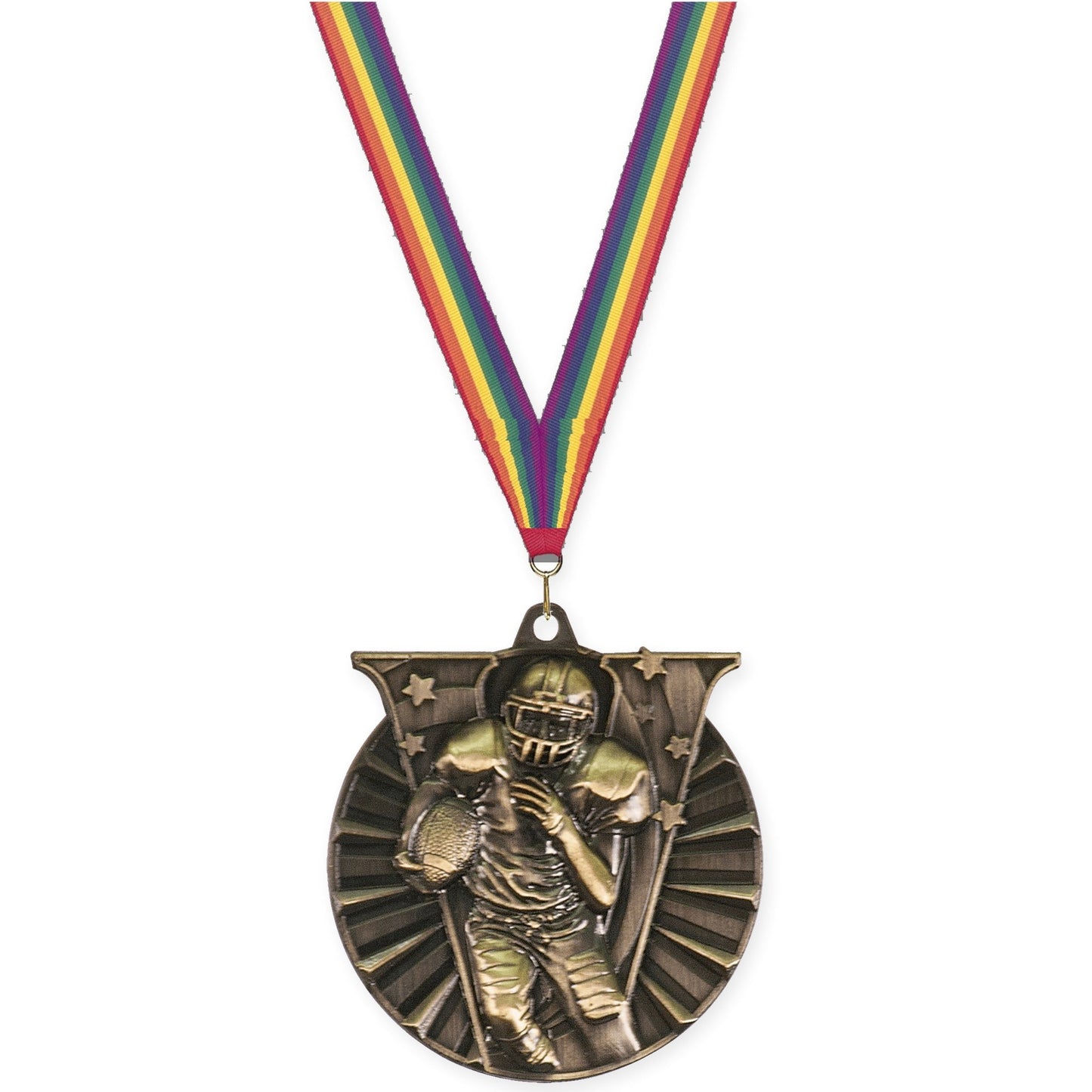2 inch football Victory medal in bright gold with Rainbow neck ribbon