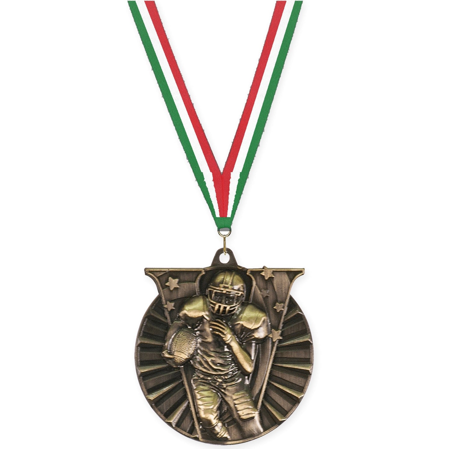 2 inch football Victory medal in bright gold with Green White Red neck ribbon