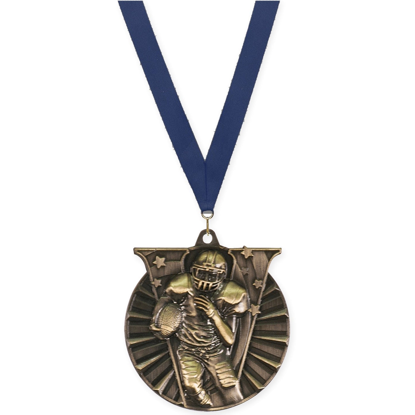 2 inch football Victory medal in bright gold with Navy neck ribbon