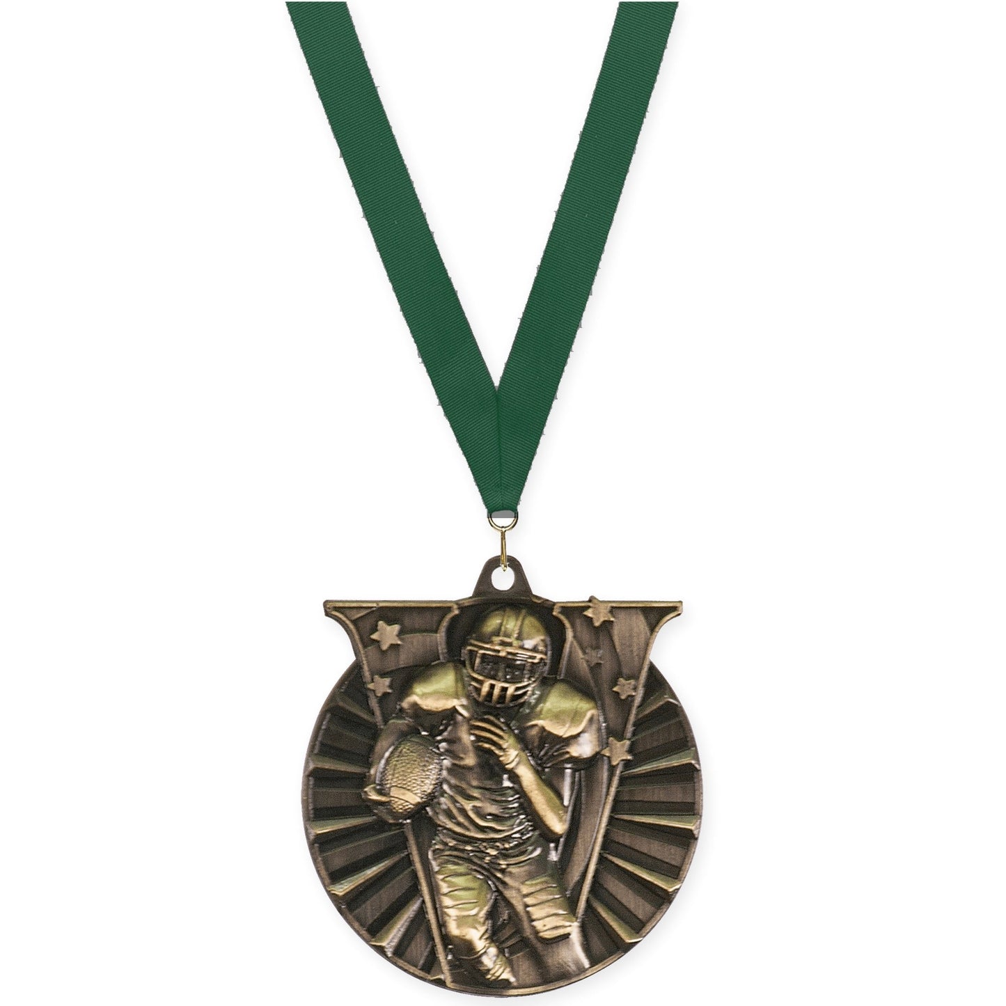 2 inch football Victory medal in bright gold with Hunter Green neck ribbon