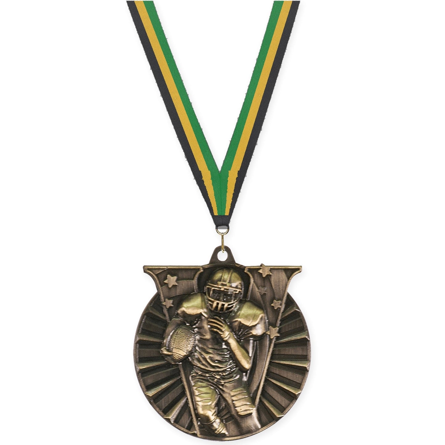 2 inch football Victory medal in bright gold with Black Gold Green neck ribbon