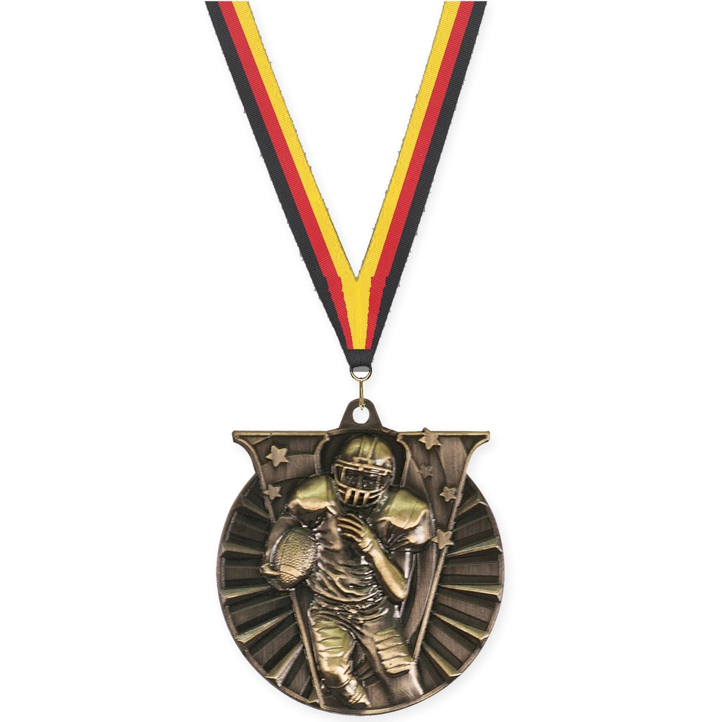 2 inch football Victory medal in bright gold with Black Red Yellow neck ribbon