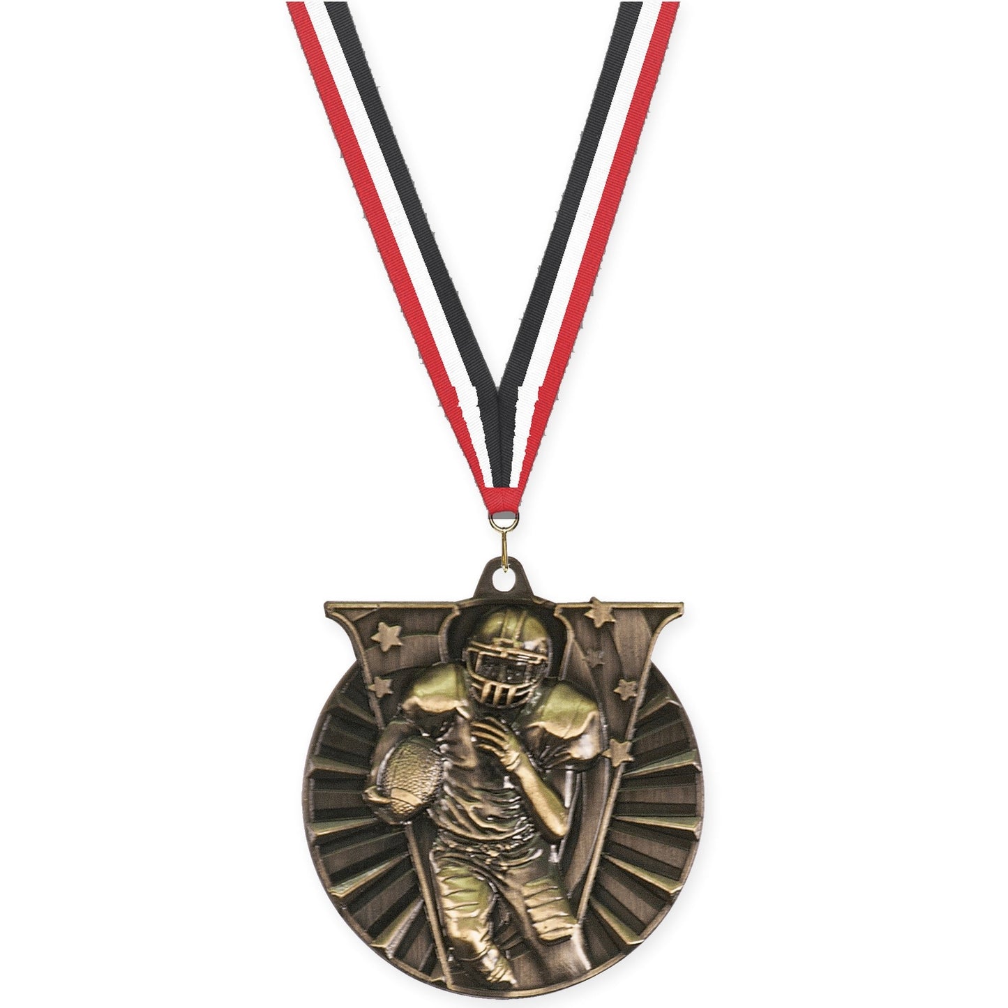 2 inch football Victory medal in bright gold with Red White Black neck ribbon
