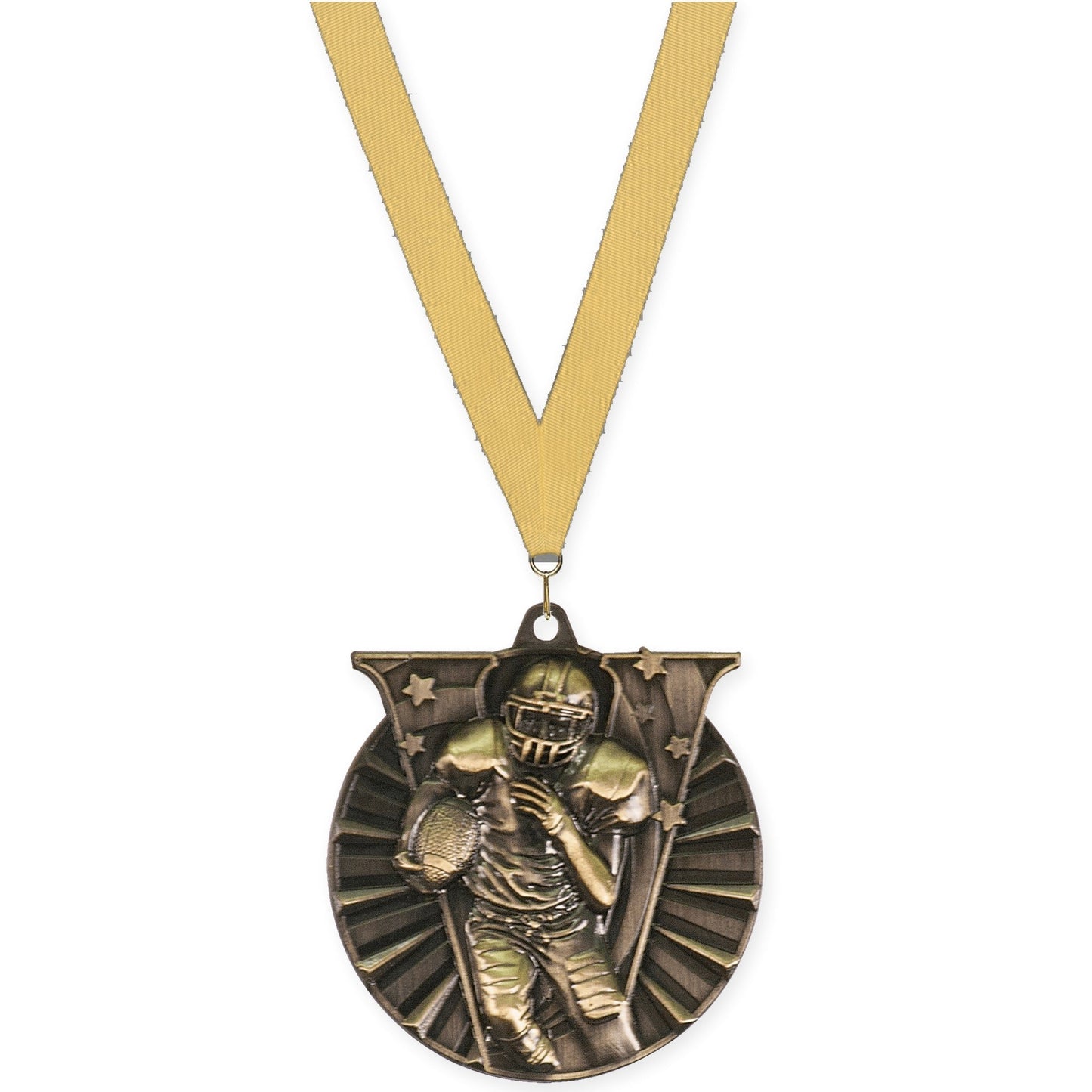 2 inch football Victory medal in bright gold with Gold Metallic neck ribbon