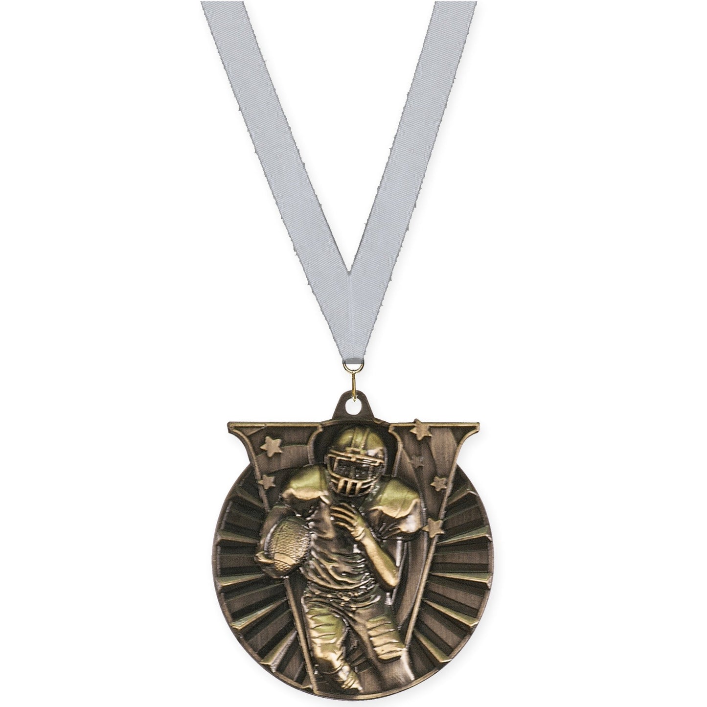 2 inch football Victory medal in bright gold with Silver Metallic neck ribbon
