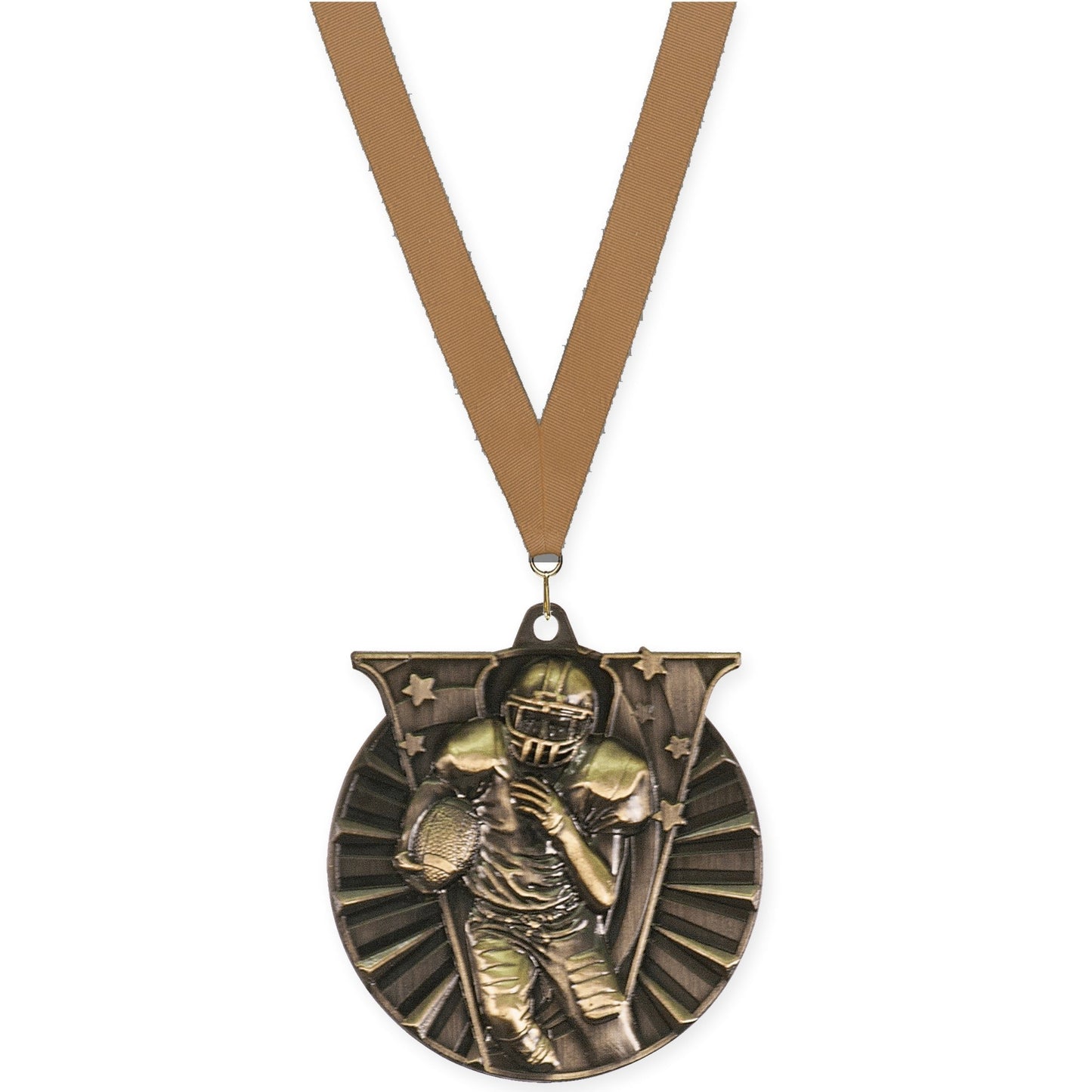 2 inch football Victory medal in bright gold with Bronze Metallic neck ribbon