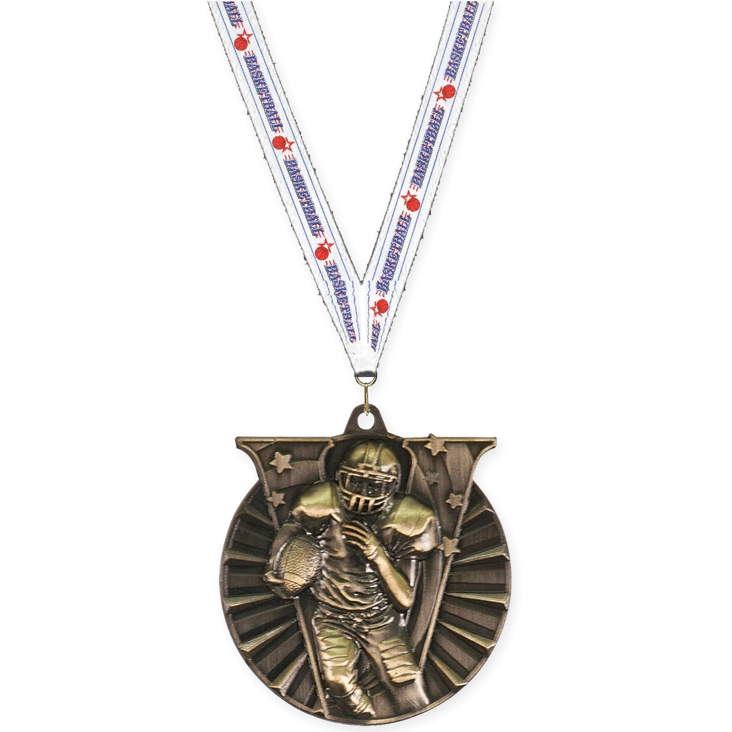 2 inch football Victory medal in bright gold with Basketball neck ribbon