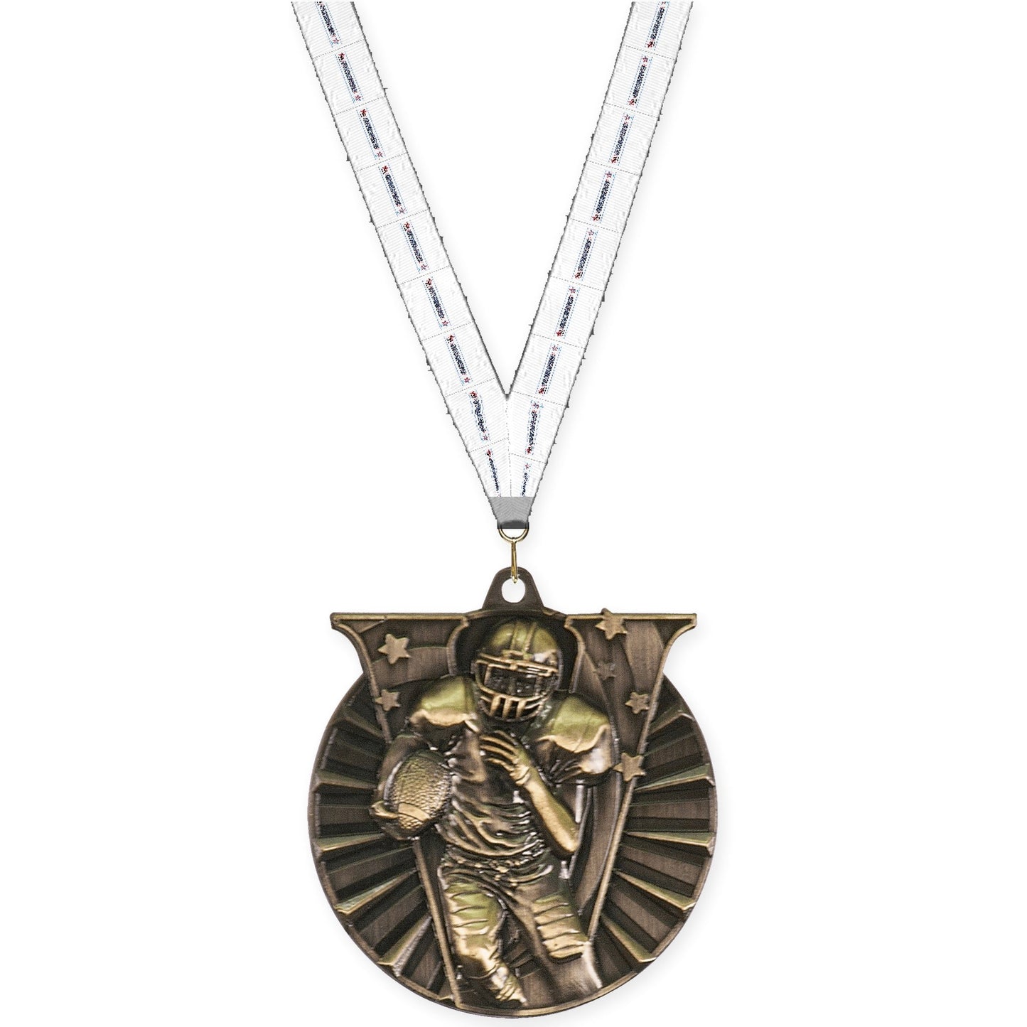 2 inch football Victory medal in bright gold with Gymnastics neck ribbon