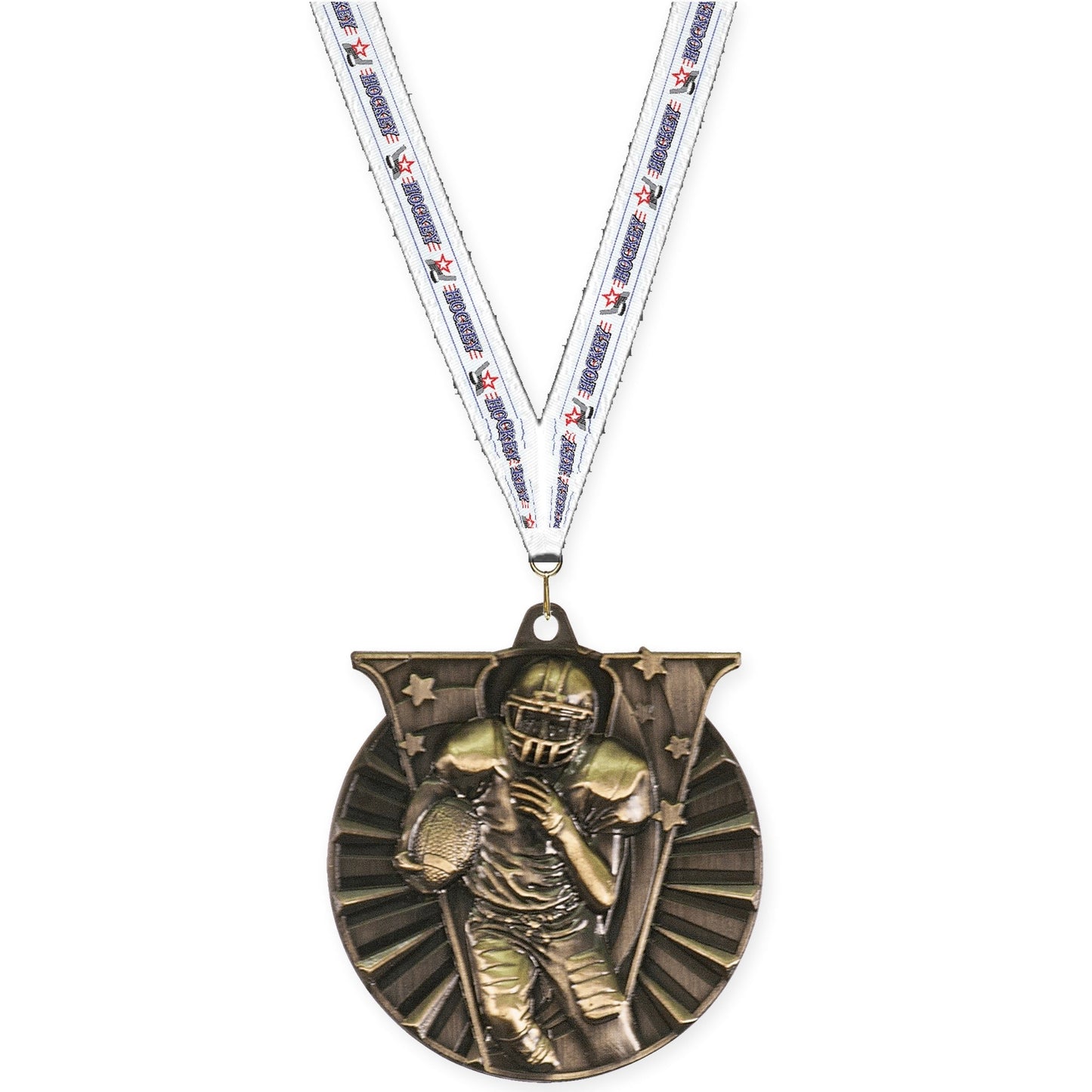 2 inch football Victory medal in bright gold with Hockey neck ribbon