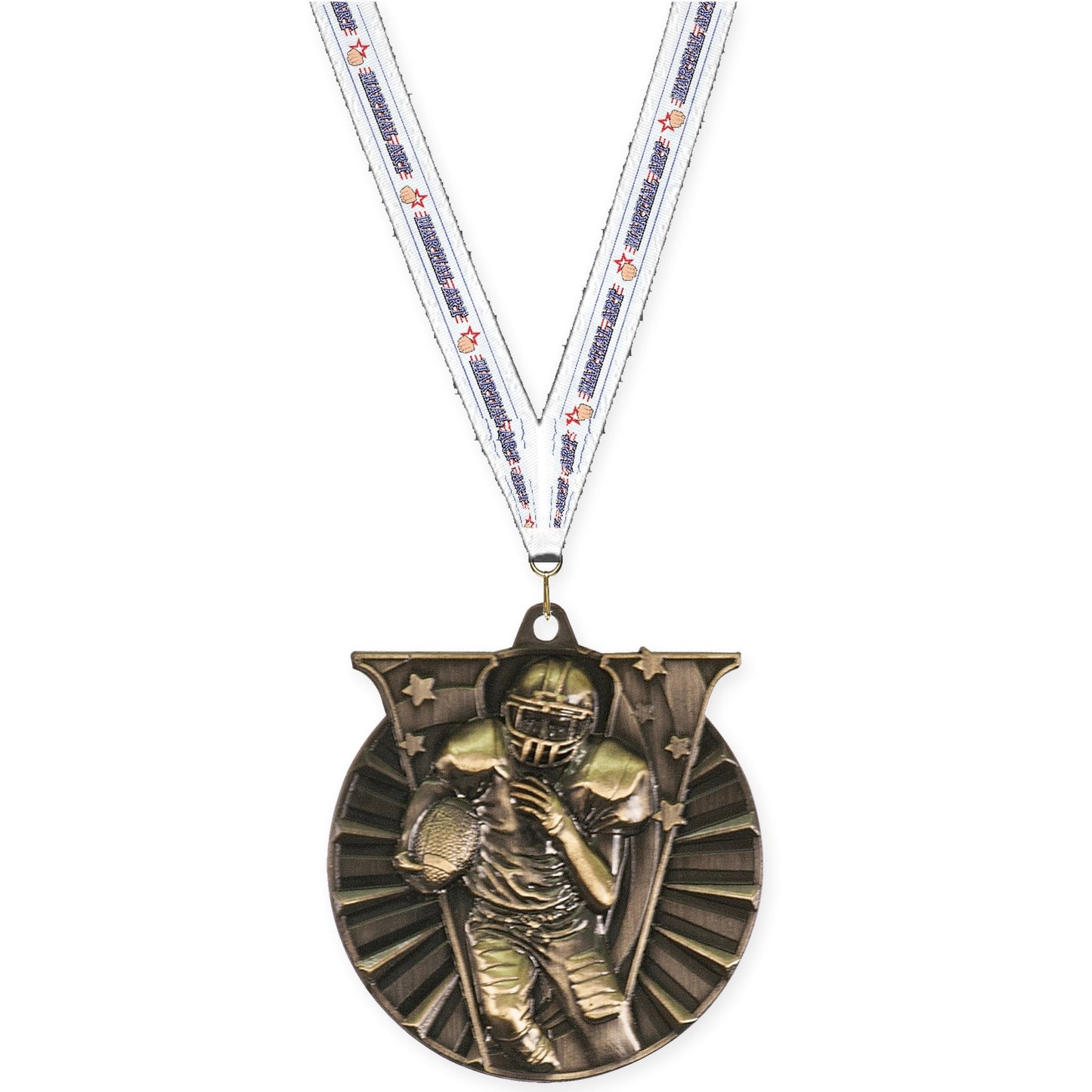 2 inch football Victory medal in bright gold with Martial Arts neck ribbon