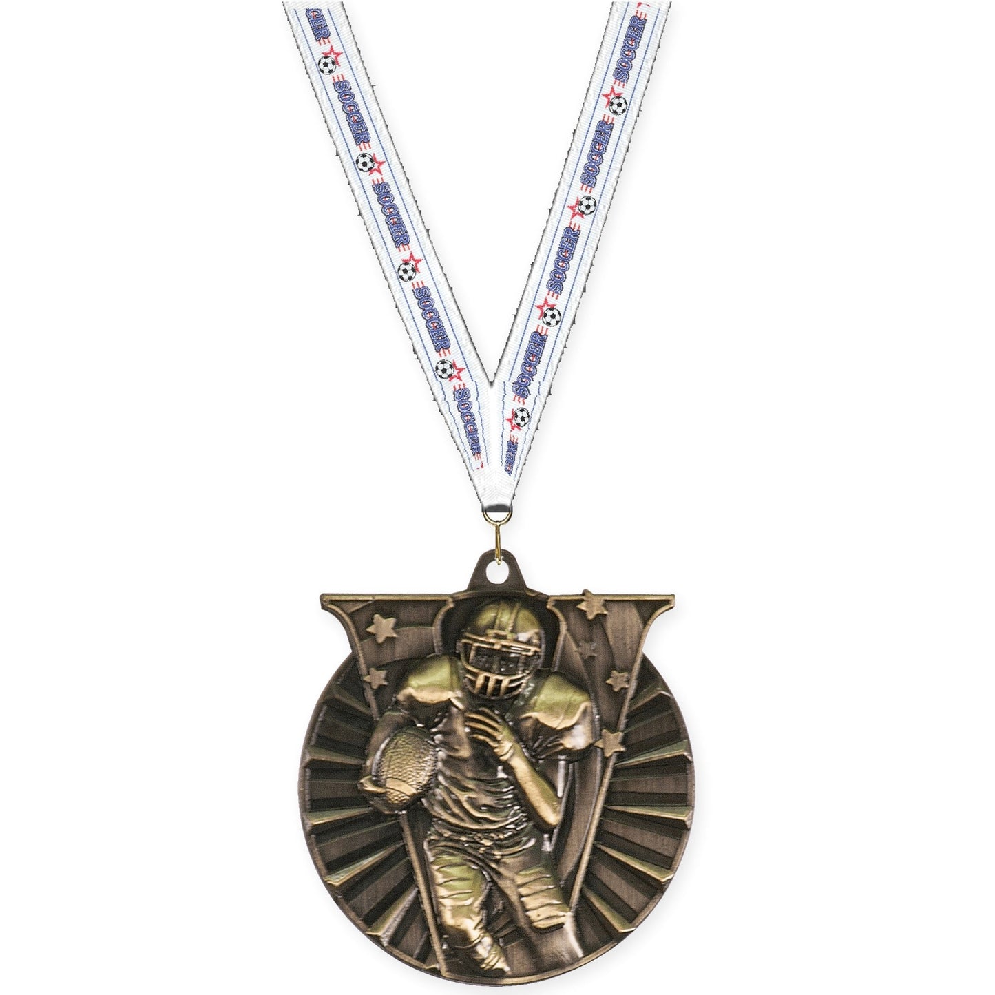 2 inch football Victory medal in bright gold with Soccer neck ribbon