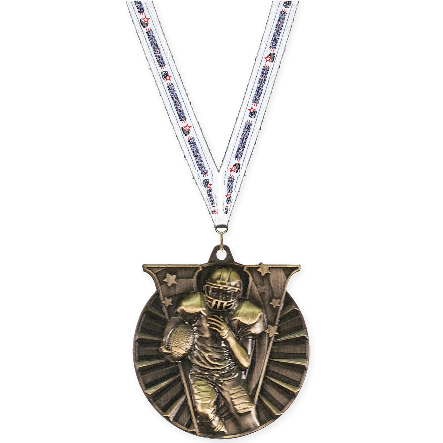 2 inch football Victory medal in bright gold with Wrestling neck ribbon