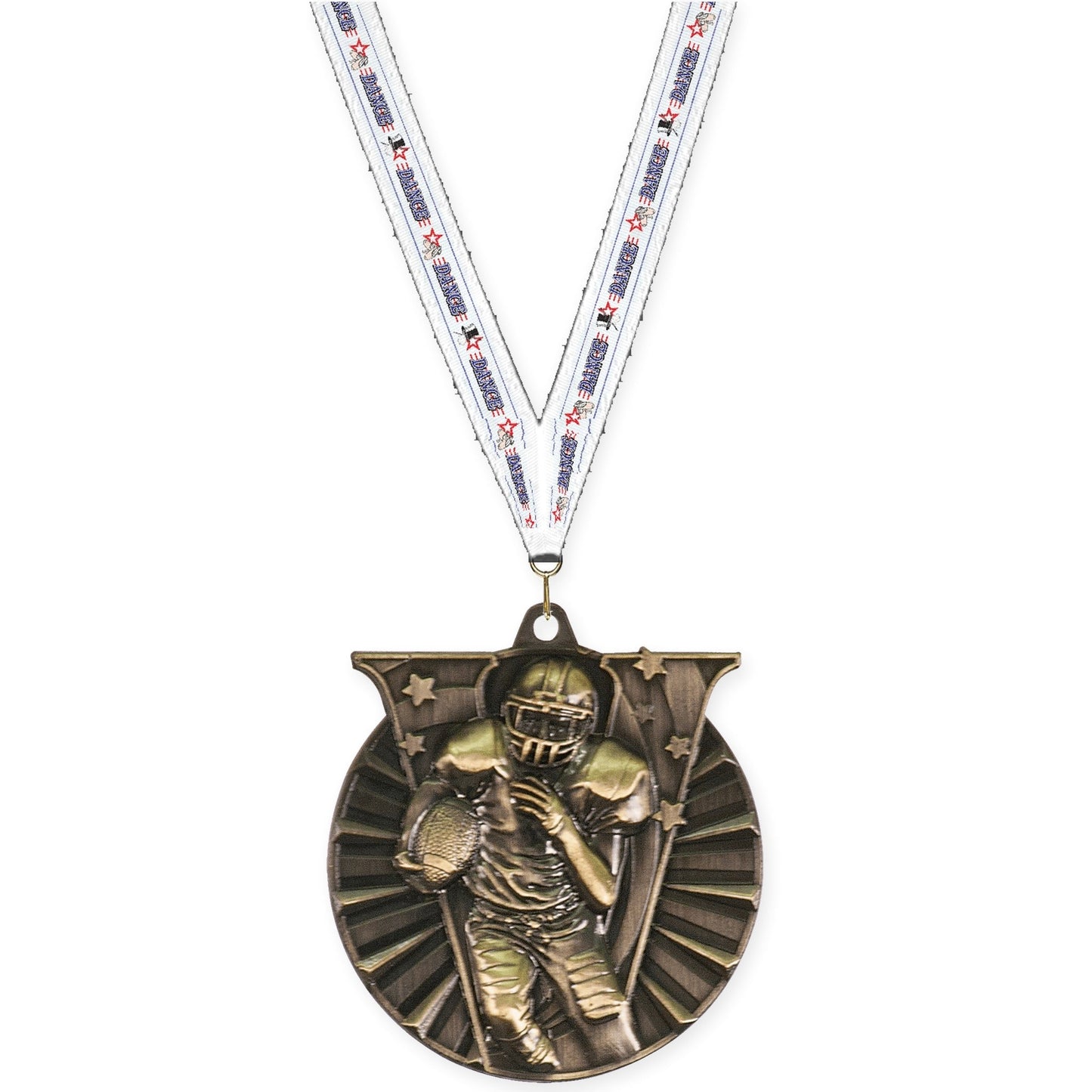 2 inch football Victory medal in bright gold with Dance neck ribbon