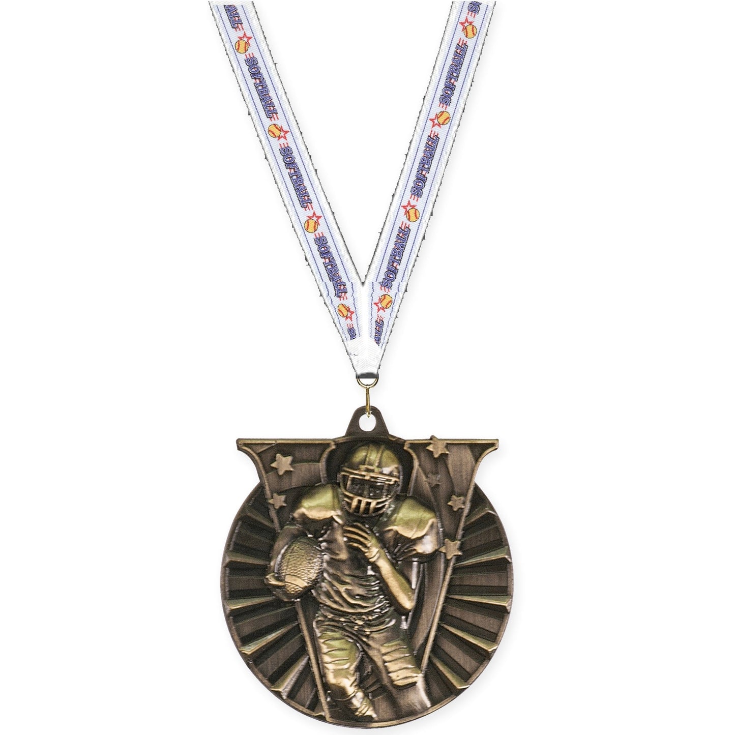 2 inch football Victory medal in bright gold with Softball neck ribbon