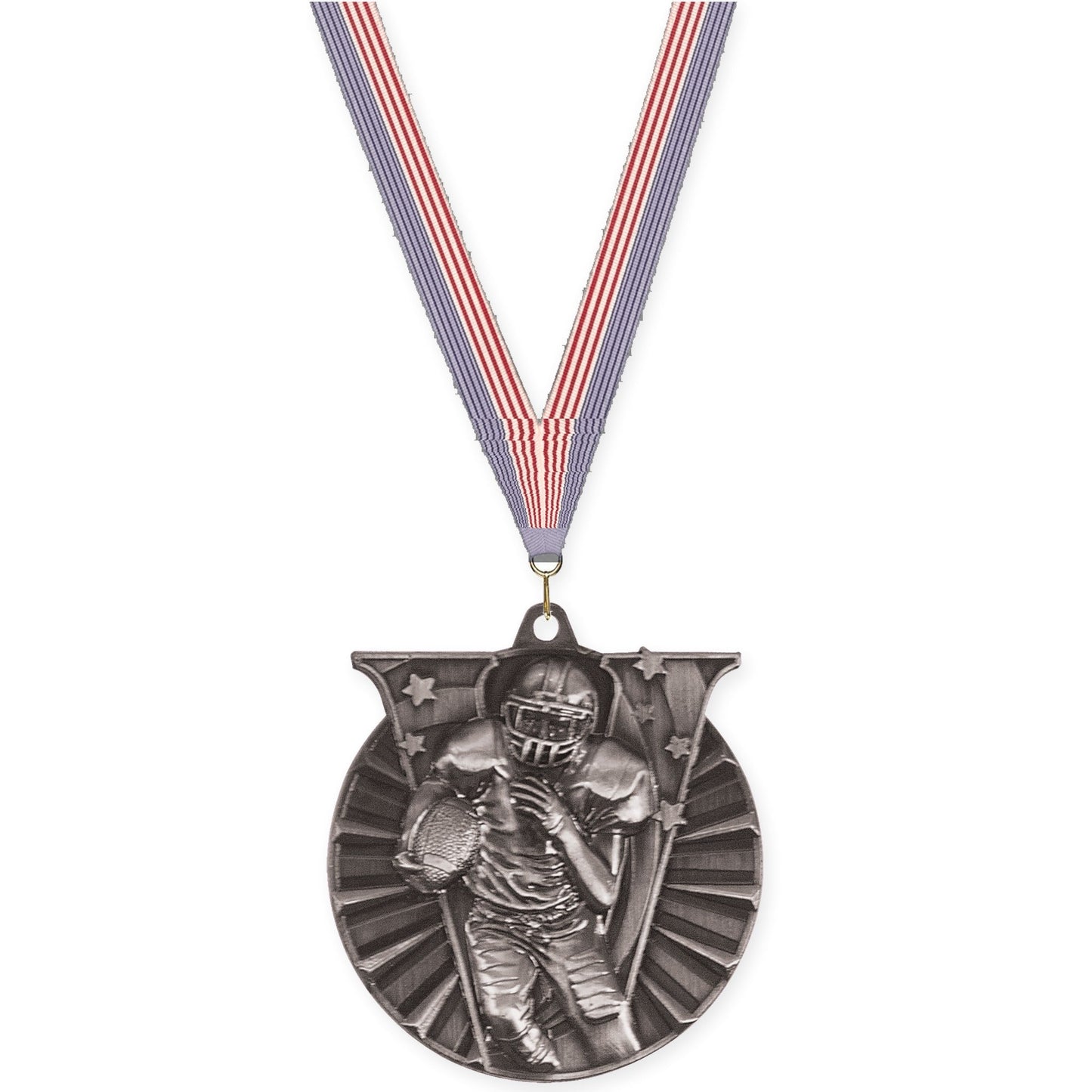 2 inch football Victory medal in bright silver with USA Flag neck ribbon