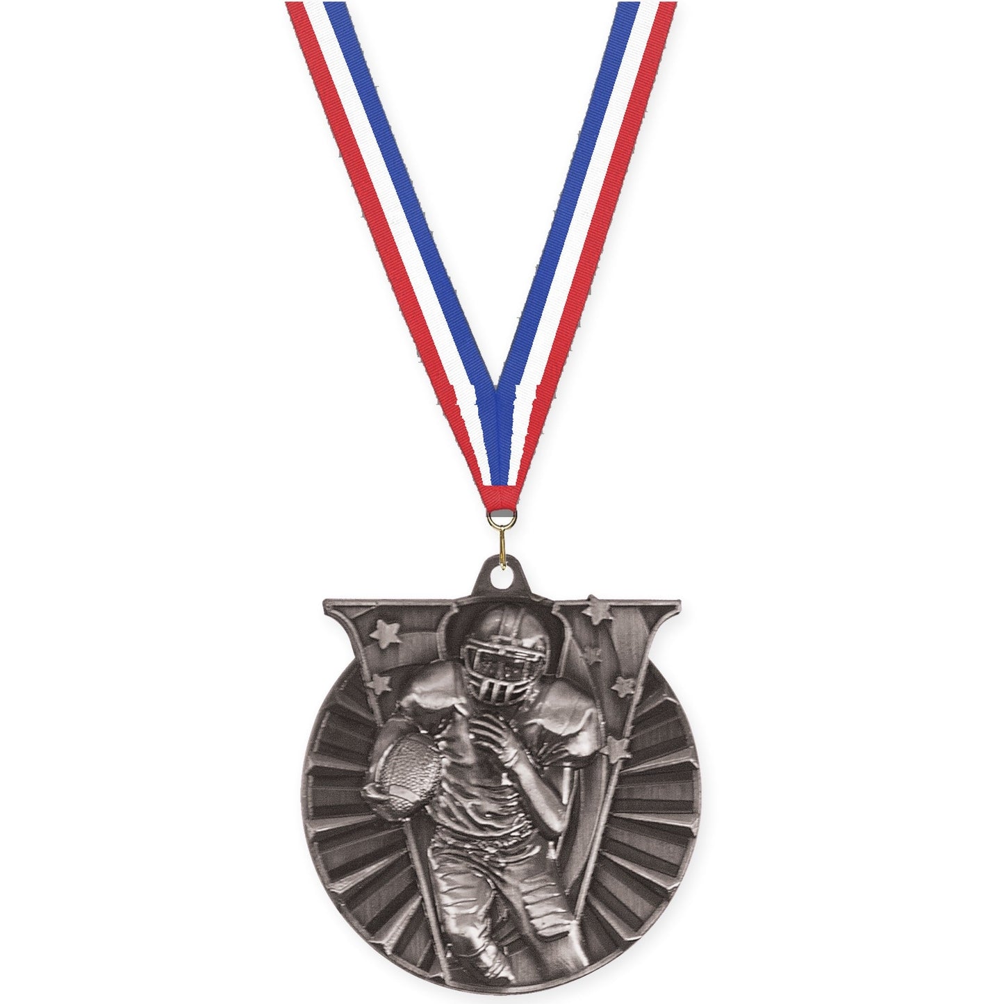 2 inch football Victory medal in bright silver with Red White Blue neck ribbon