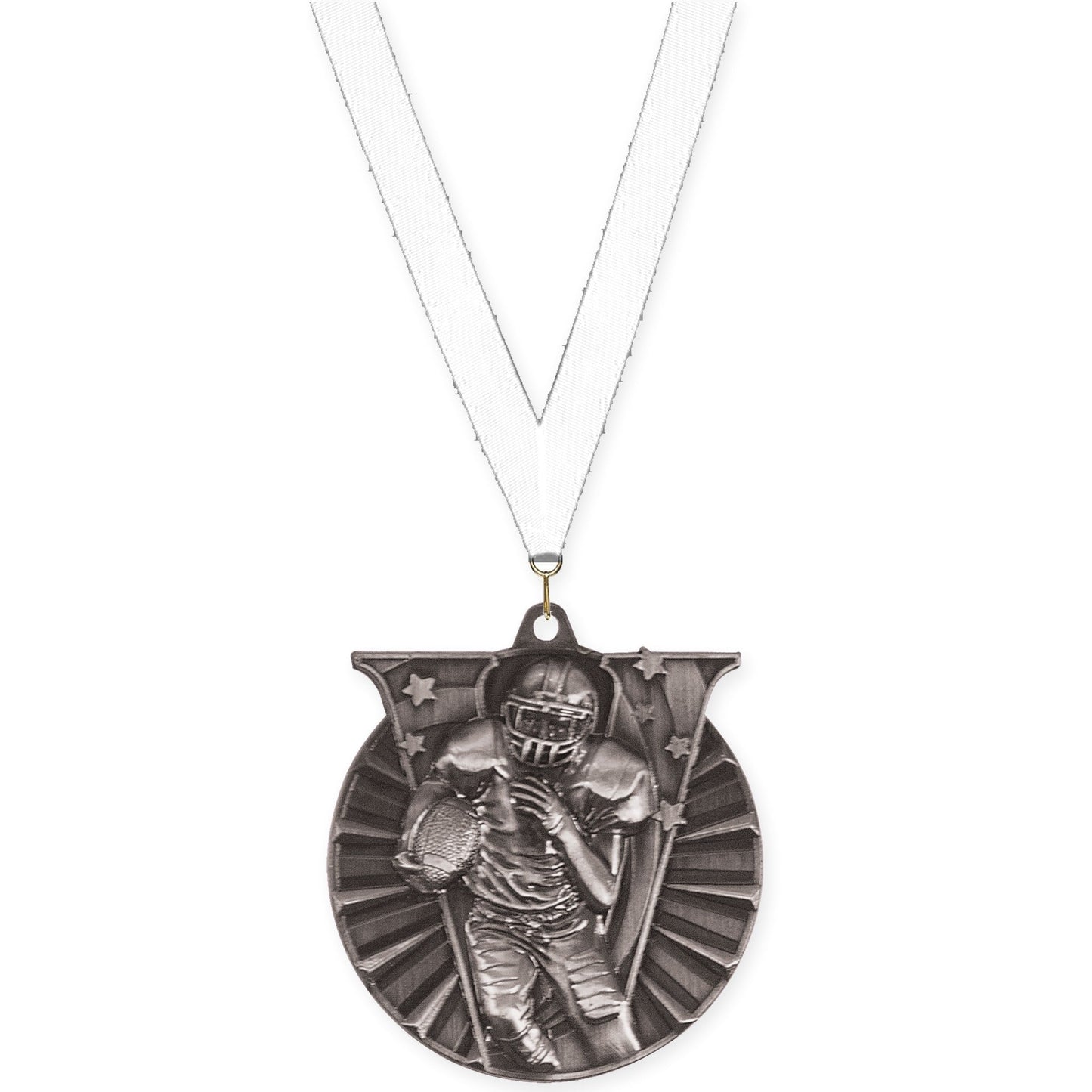 2 inch football Victory medal in bright silver with White neck ribbon