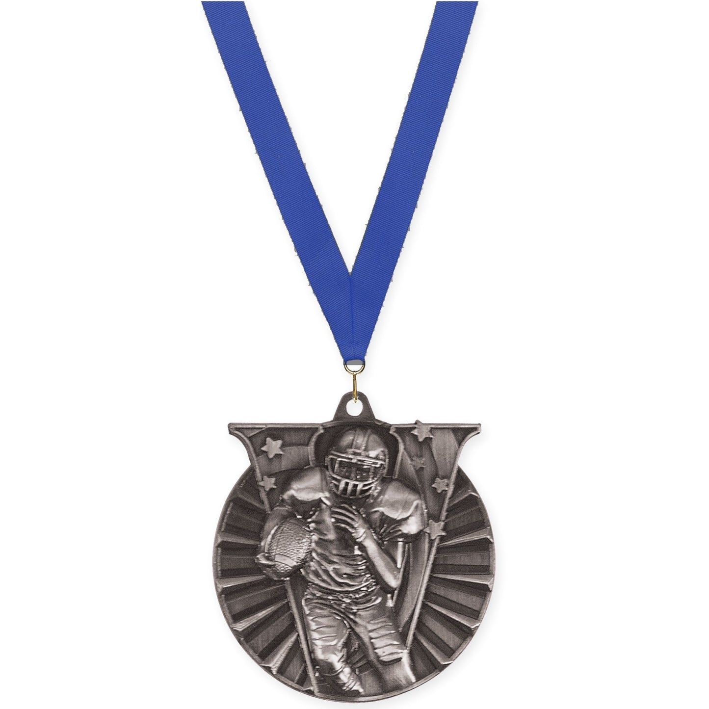2 inch football Victory medal in bright silver with Blue neck ribbon