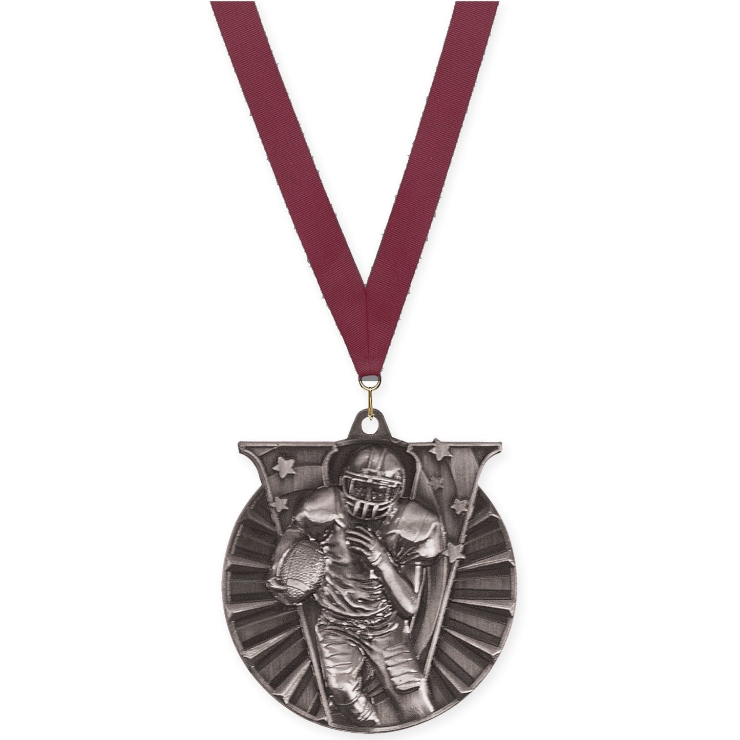 2 inch football Victory medal in bright silver with Maroon neck ribbon