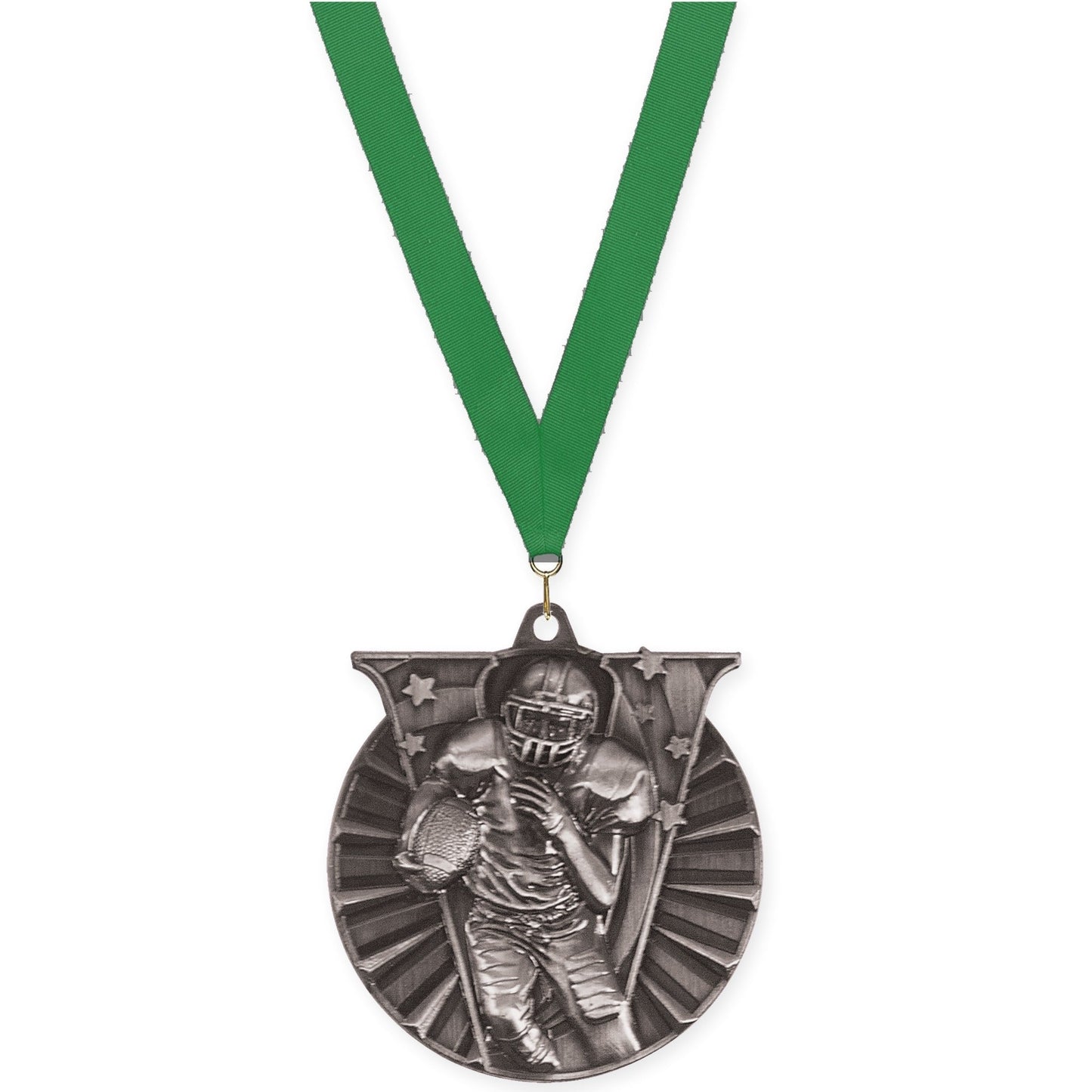 2 inch football Victory medal in bright silver with Green neck ribbon