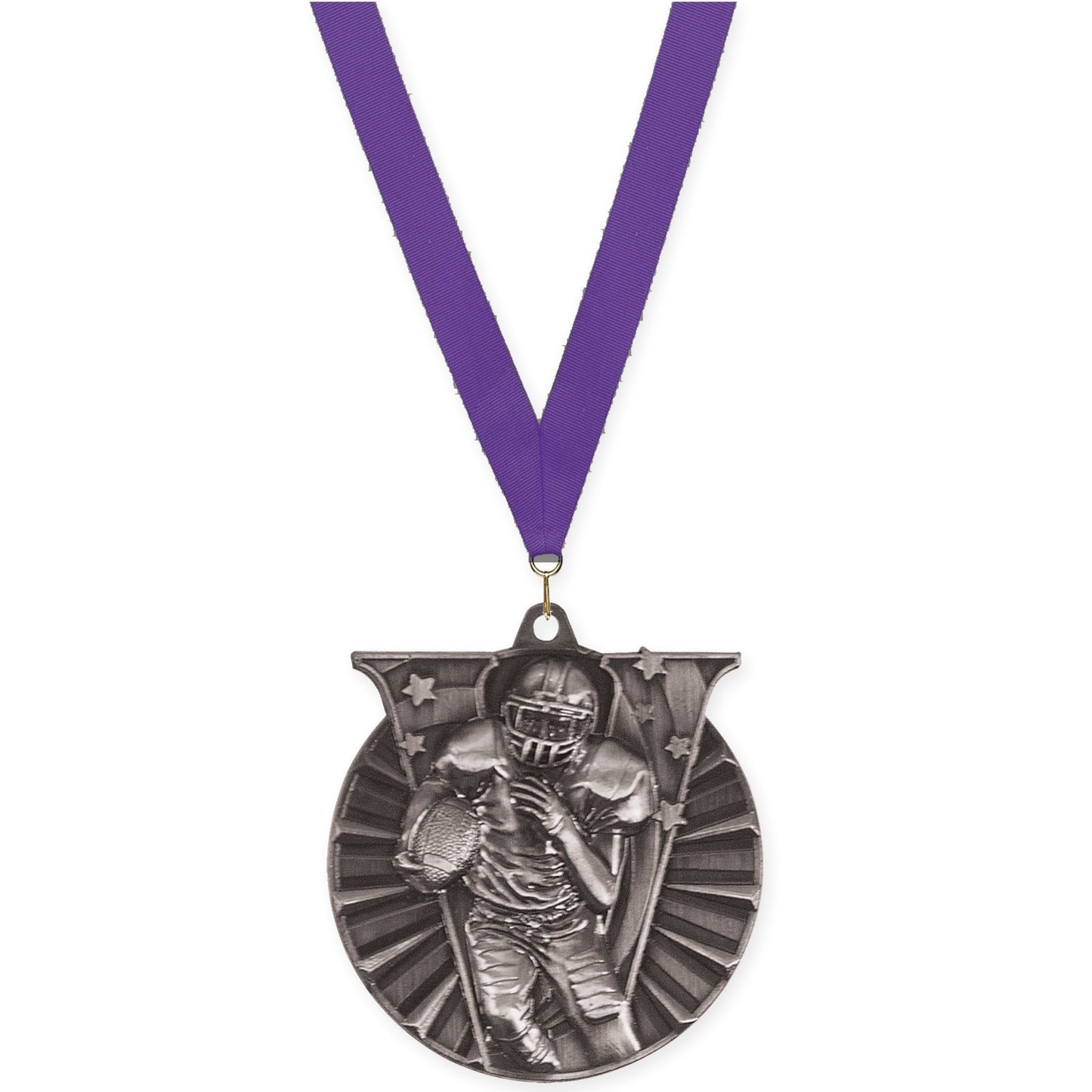 2 inch football Victory medal in bright silver with Purple neck ribbon