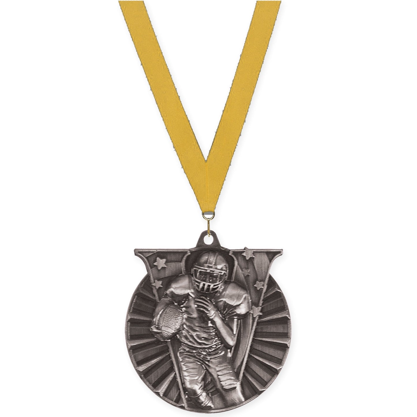2 inch football Victory medal in bright silver with Gold neck ribbon
