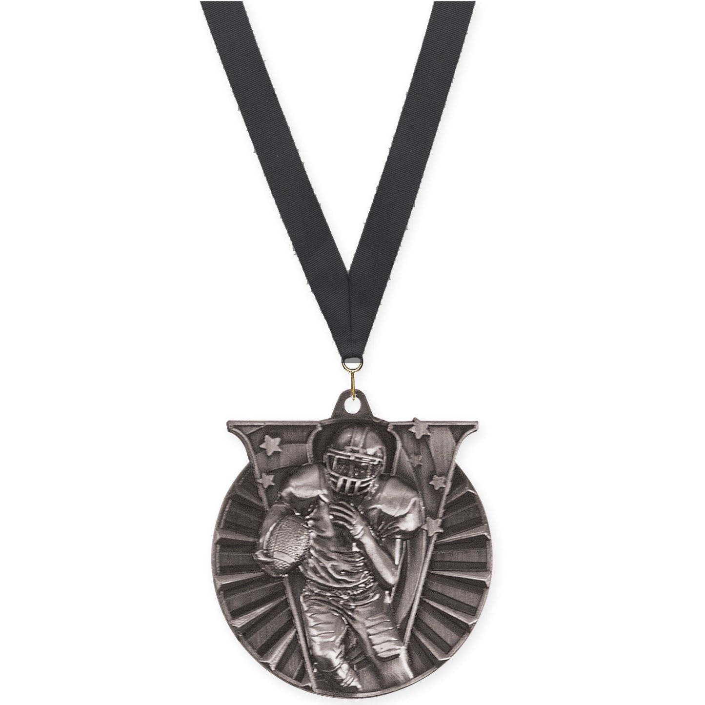 2 inch football Victory medal in bright silver with Black neck ribbon