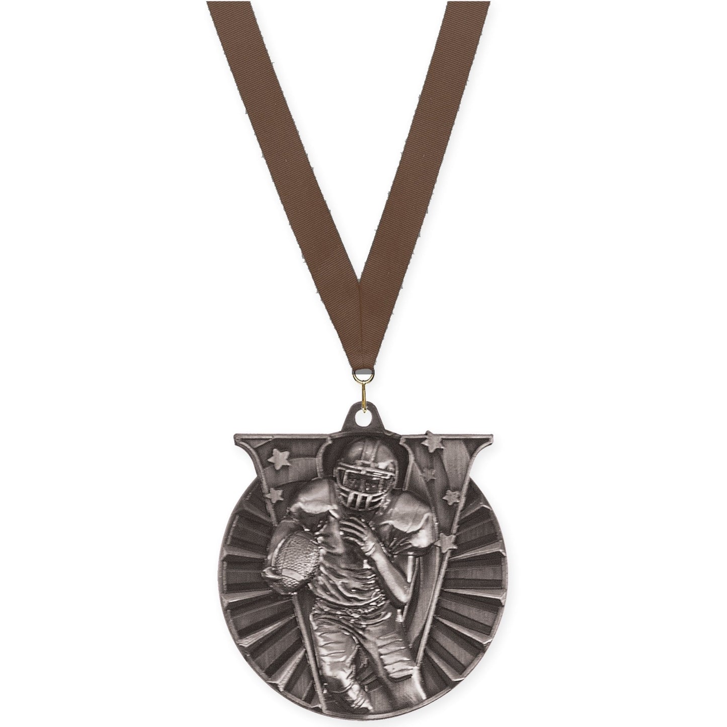 2 inch football Victory medal in bright silver with Brown neck ribbon