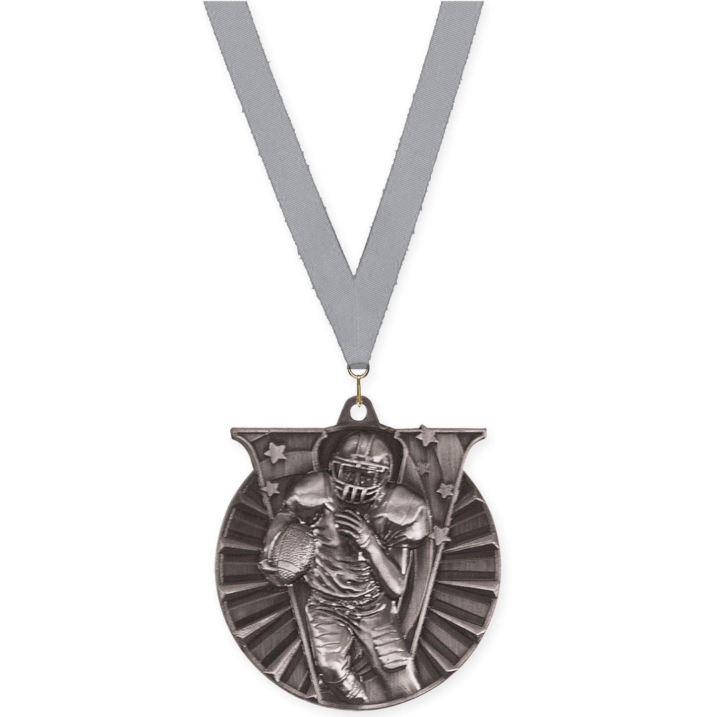 2 inch football Victory medal in bright silver with Gray neck ribbon