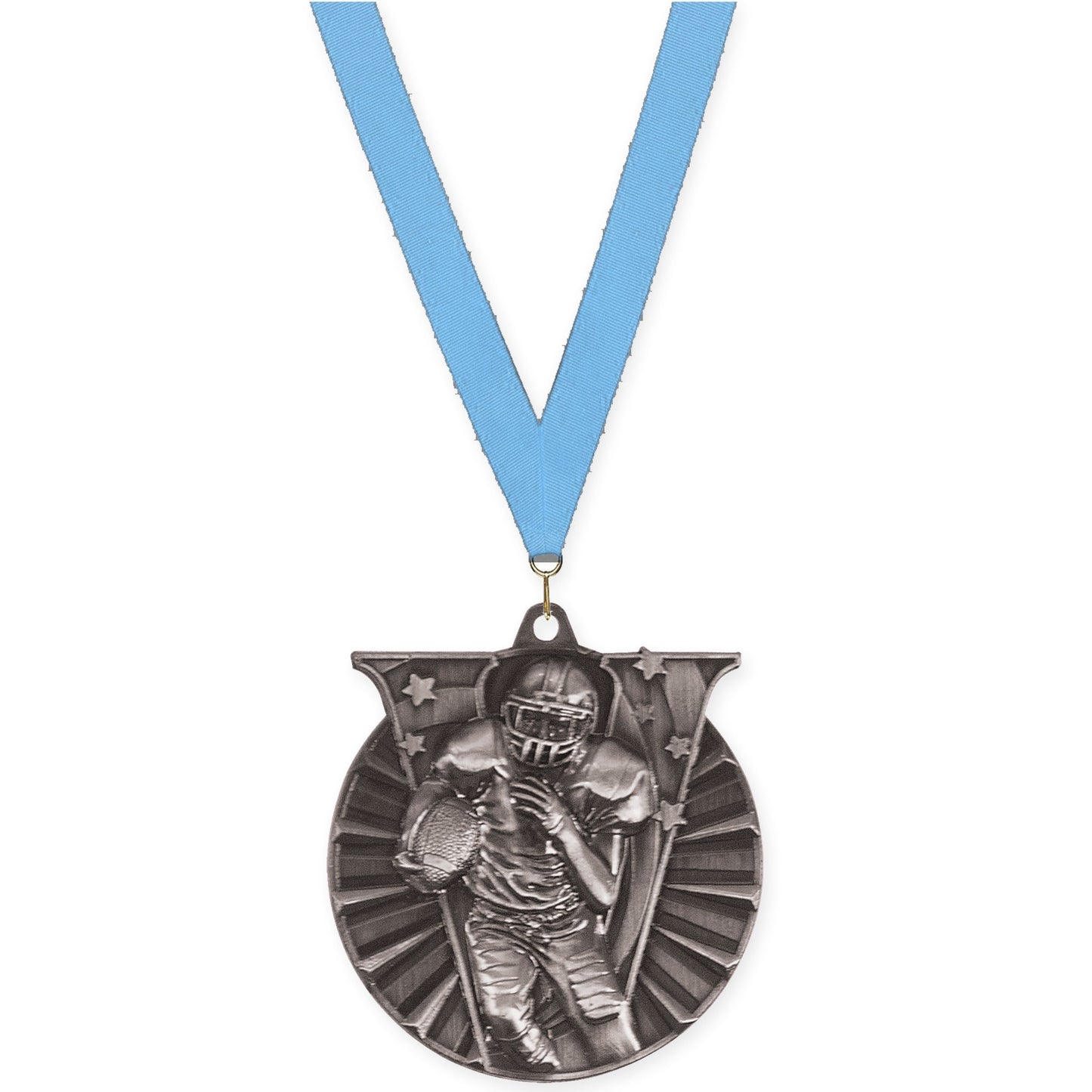 2 inch football Victory medal in bright silver with Light Blue neck ribbon