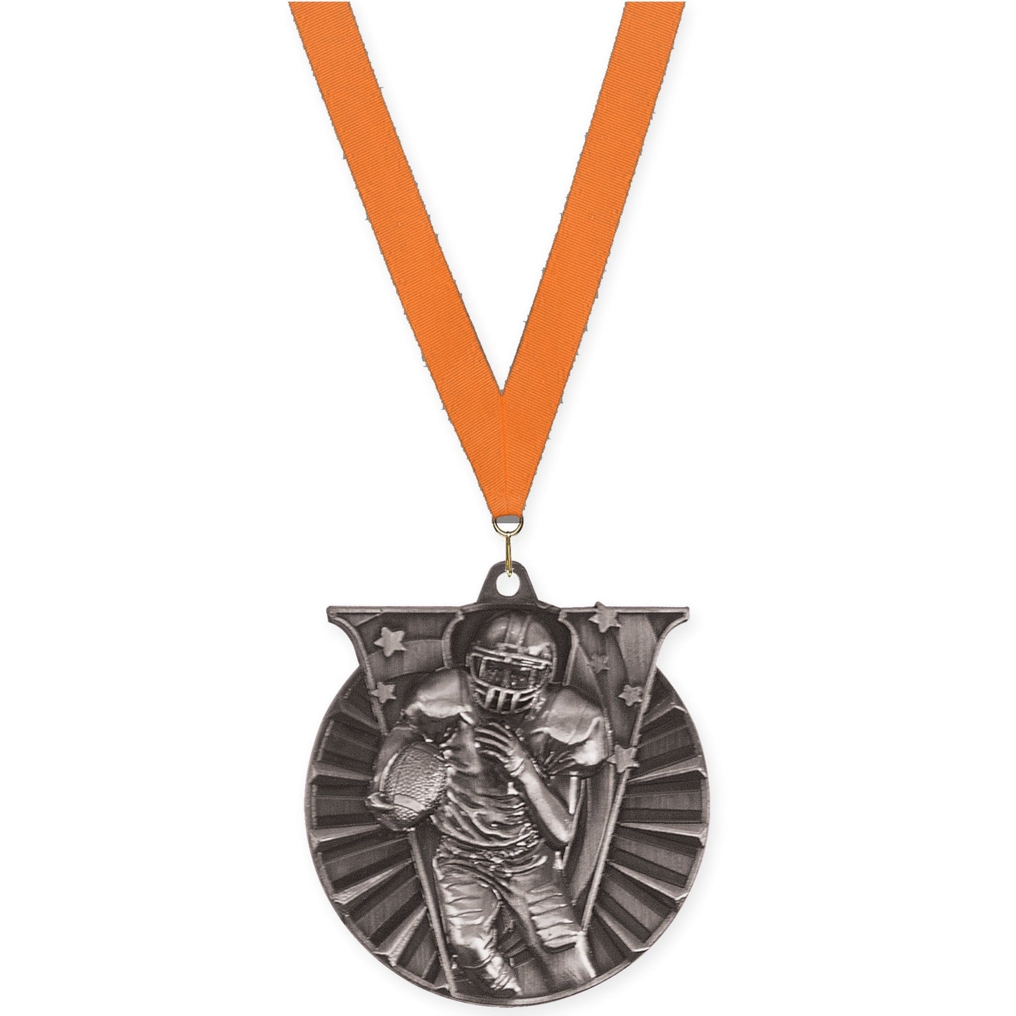 2 inch football Victory medal in bright silver with Orange neck ribbon