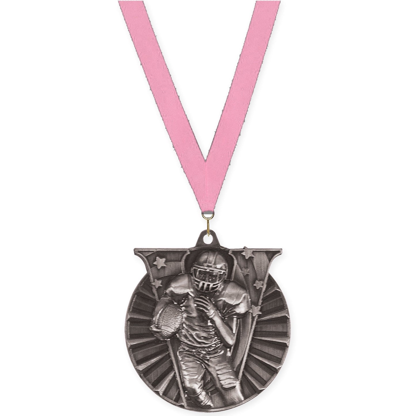 2 inch football Victory medal in bright silver with Pink neck ribbon