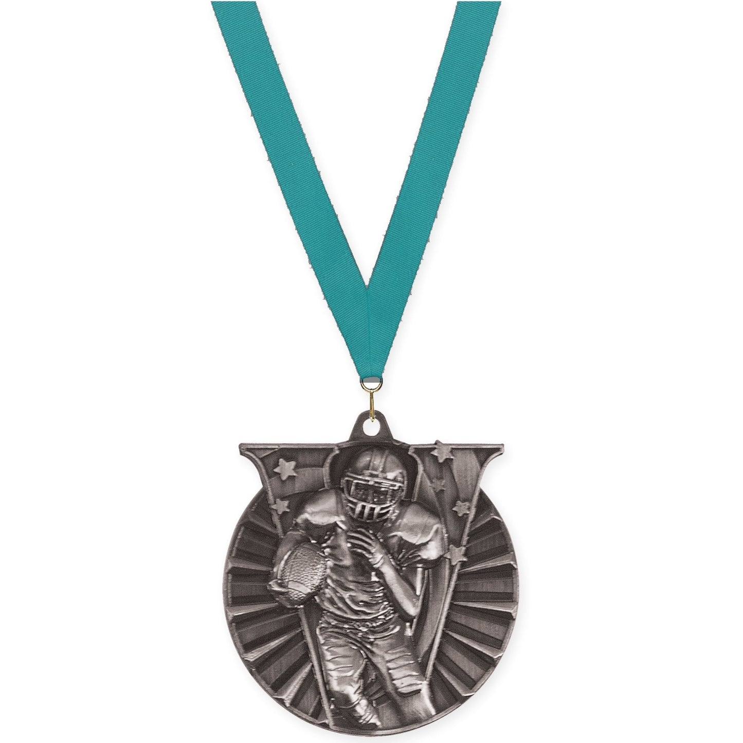 2 inch football Victory medal in bright silver with Teal neck ribbon