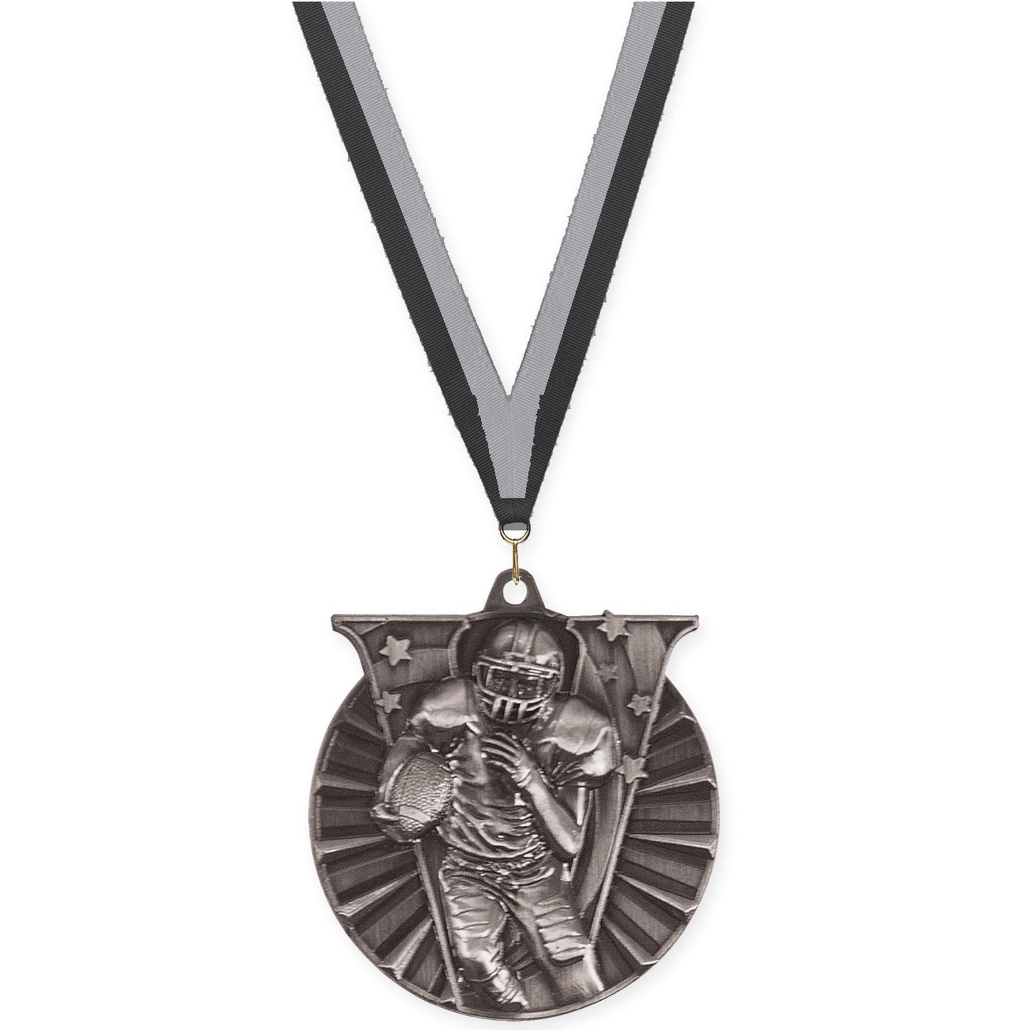 2 inch football Victory medal in bright silver with Black Gray neck ribbon