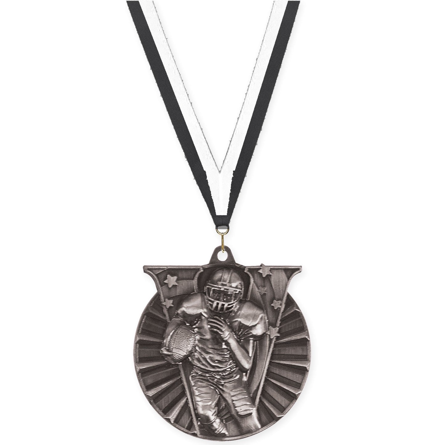 2 inch football Victory medal in bright silver with Black White neck ribbon