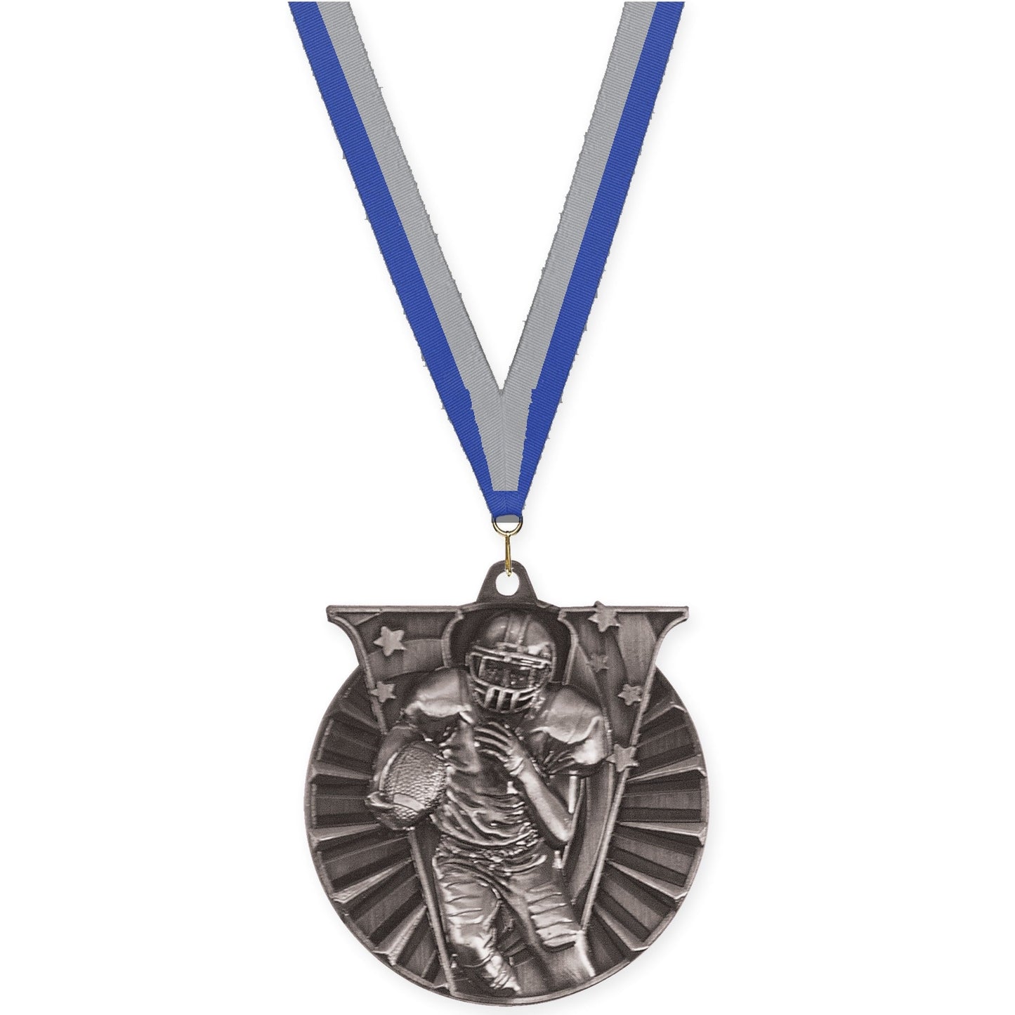 2 inch football Victory medal in bright silver with Blue Gray neck ribbon