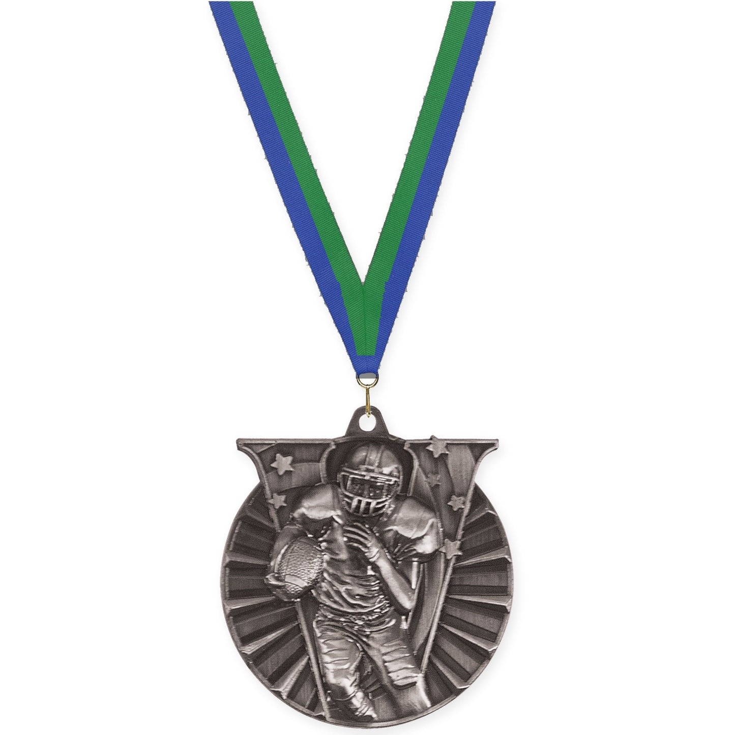 2 inch football Victory medal in bright silver with Blue Green neck ribbon