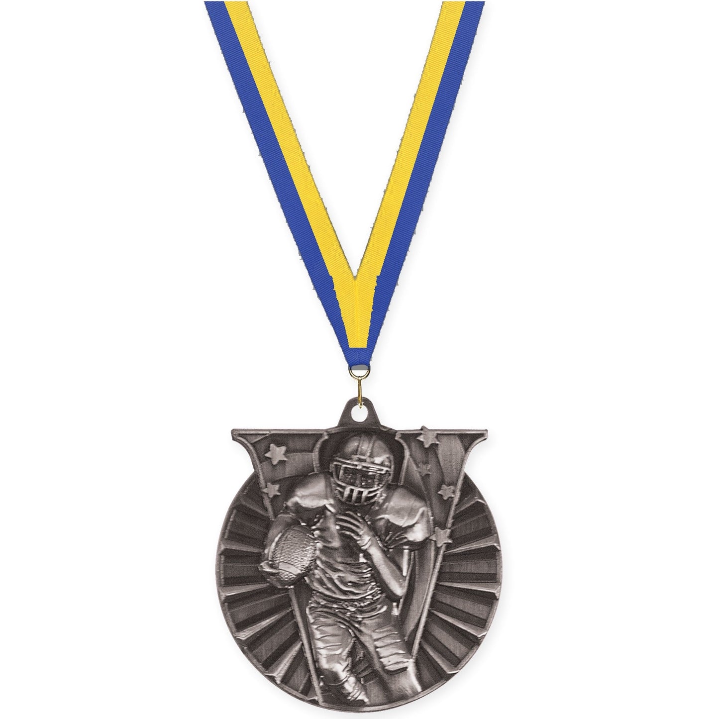 2 inch football Victory medal in bright silver with Blue Yellow neck ribbon