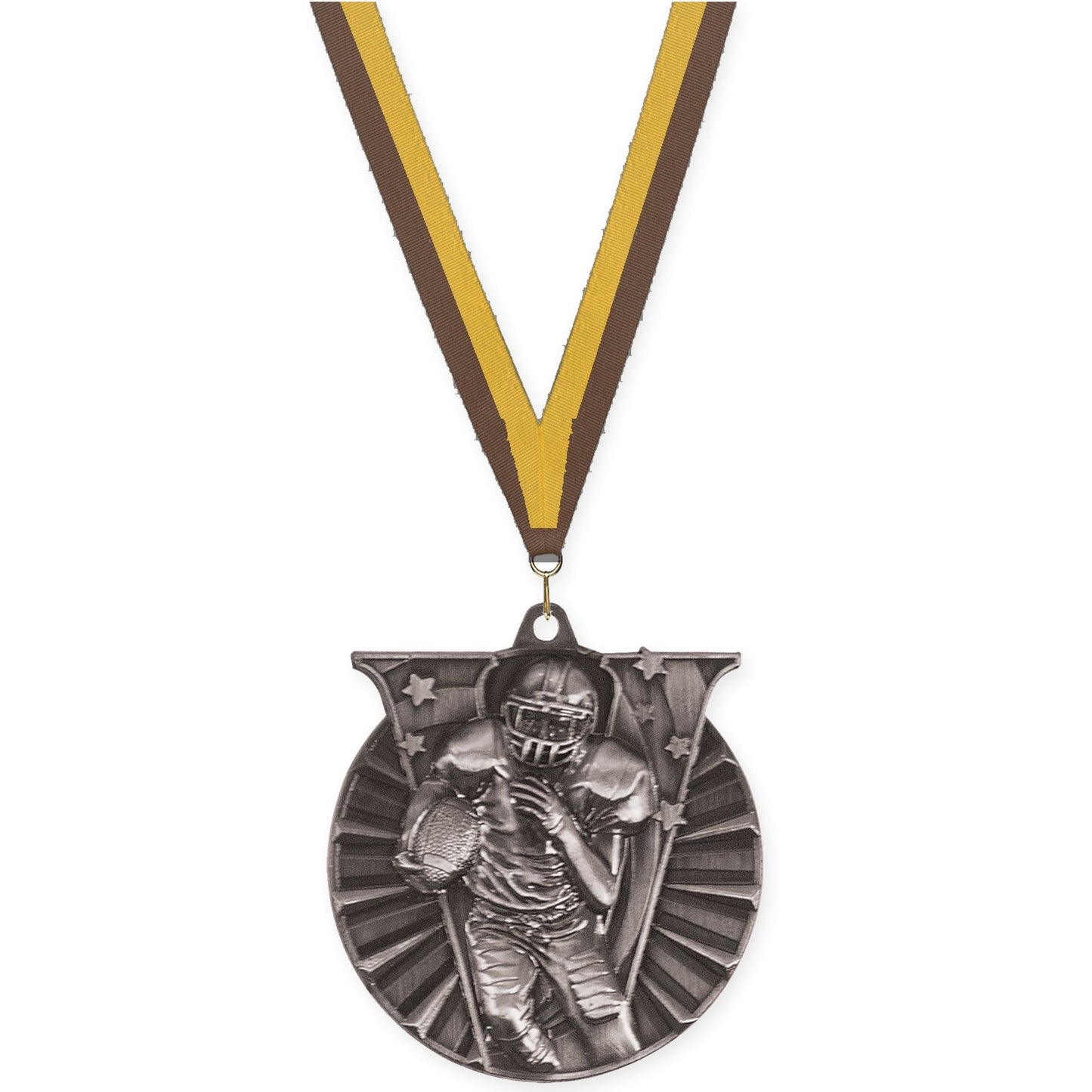 2 inch football Victory medal in bright silver with Brown Gold neck ribbon