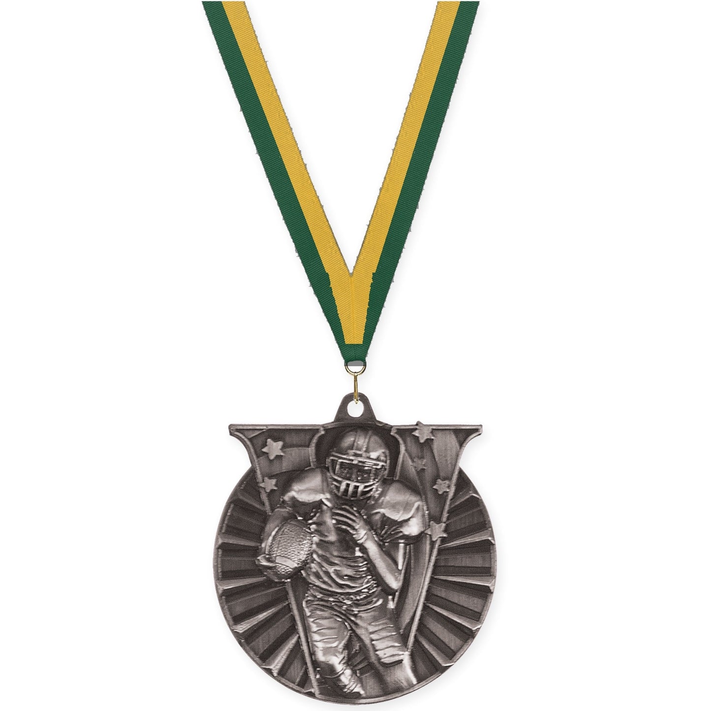 2 inch football Victory medal in bright silver with Hunter Green Gold neck ribbon