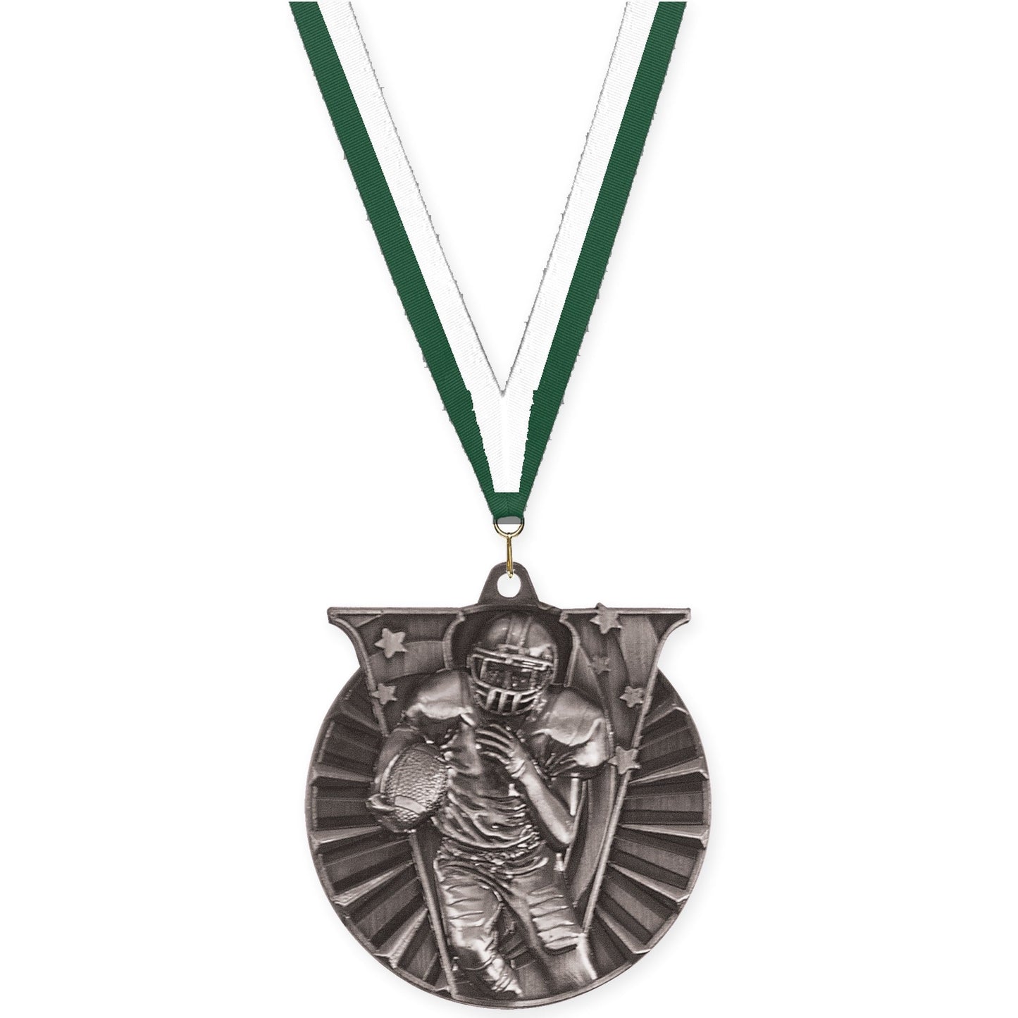2 inch football Victory medal in bright silver with Hunter Green White neck ribbon