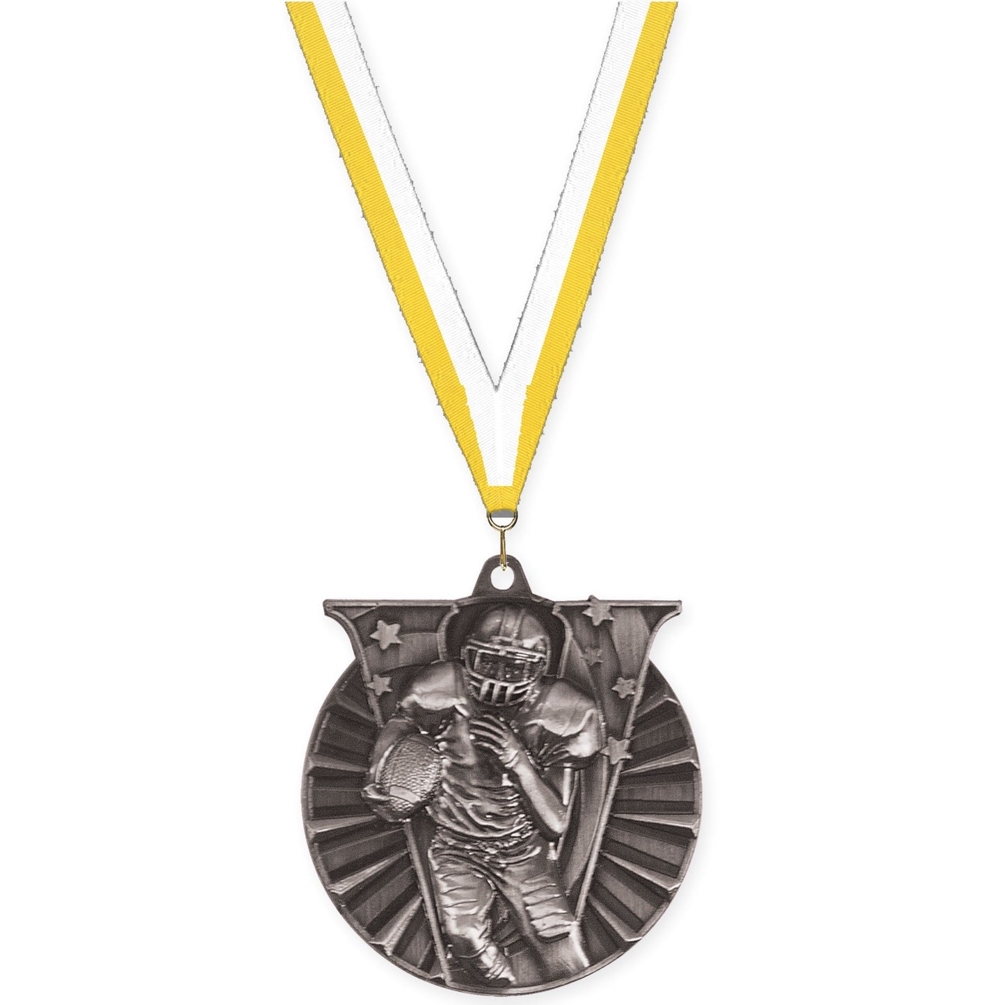 2 inch football Victory medal in bright silver with Yellow White neck ribbon