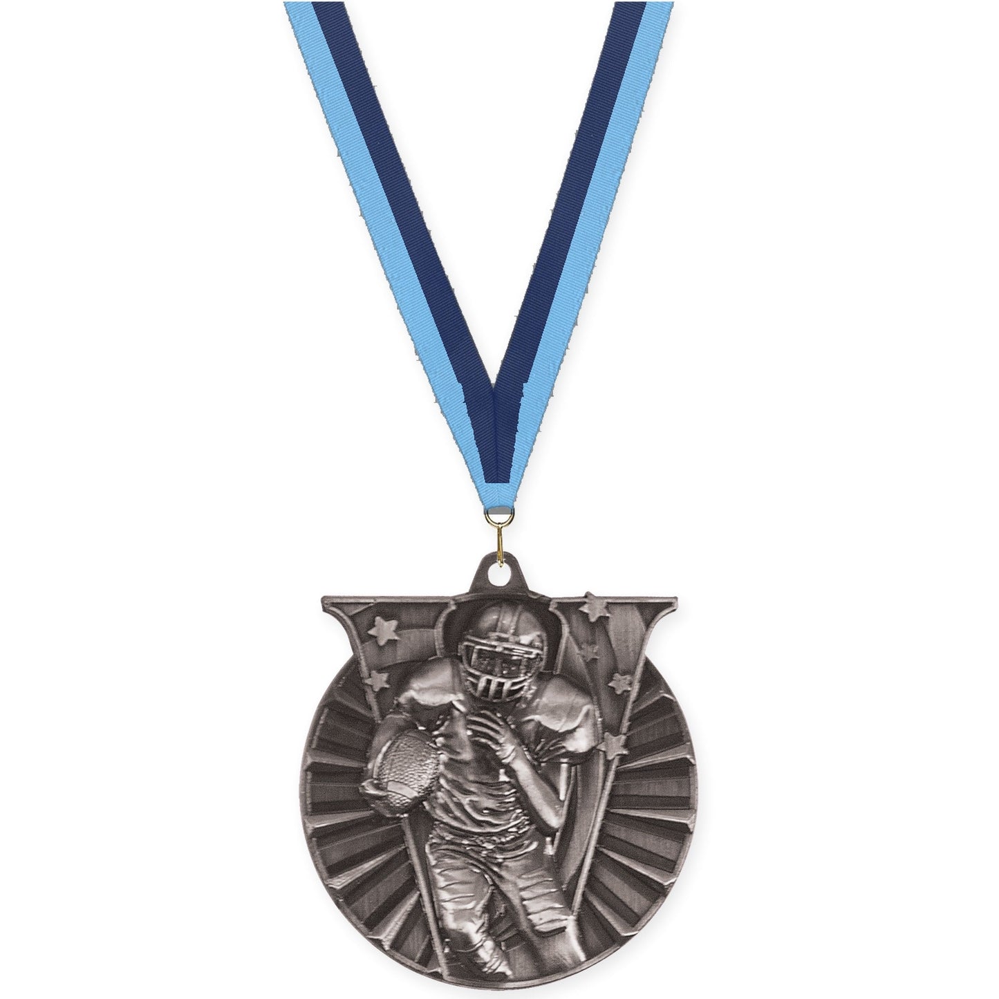 2 inch football Victory medal in bright silver with Light Blue Navy neck ribbon