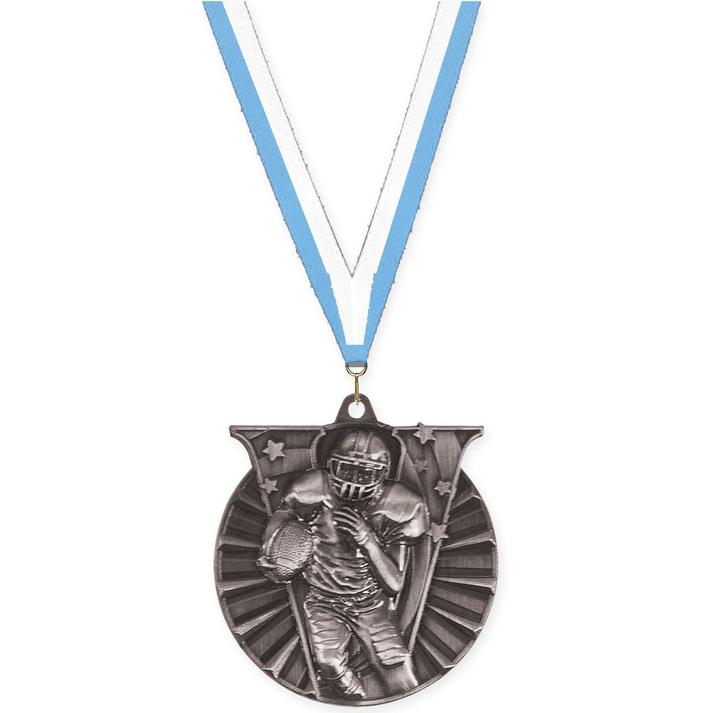 2 inch football Victory medal in bright silver with Light Blue White neck ribbon