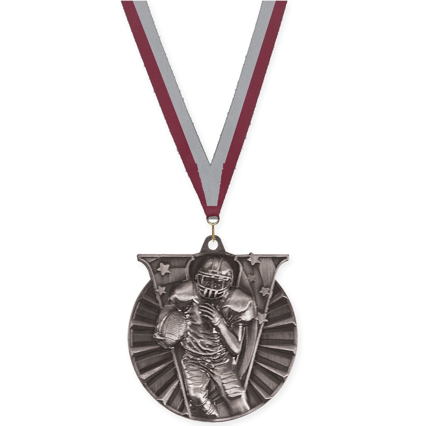 2 inch football Victory medal in bright silver with Maroon Gray neck ribbon