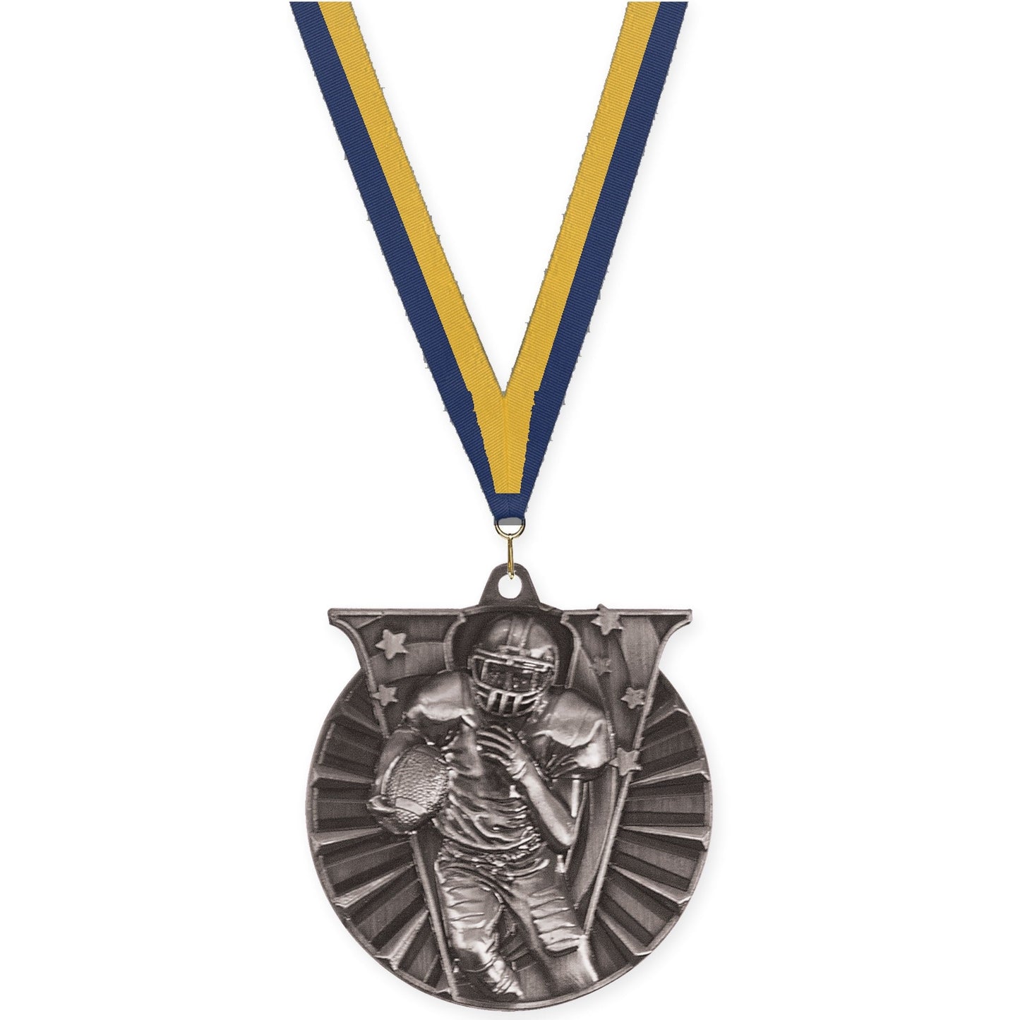 2 inch football Victory medal in bright silver with Navy Gold neck ribbon